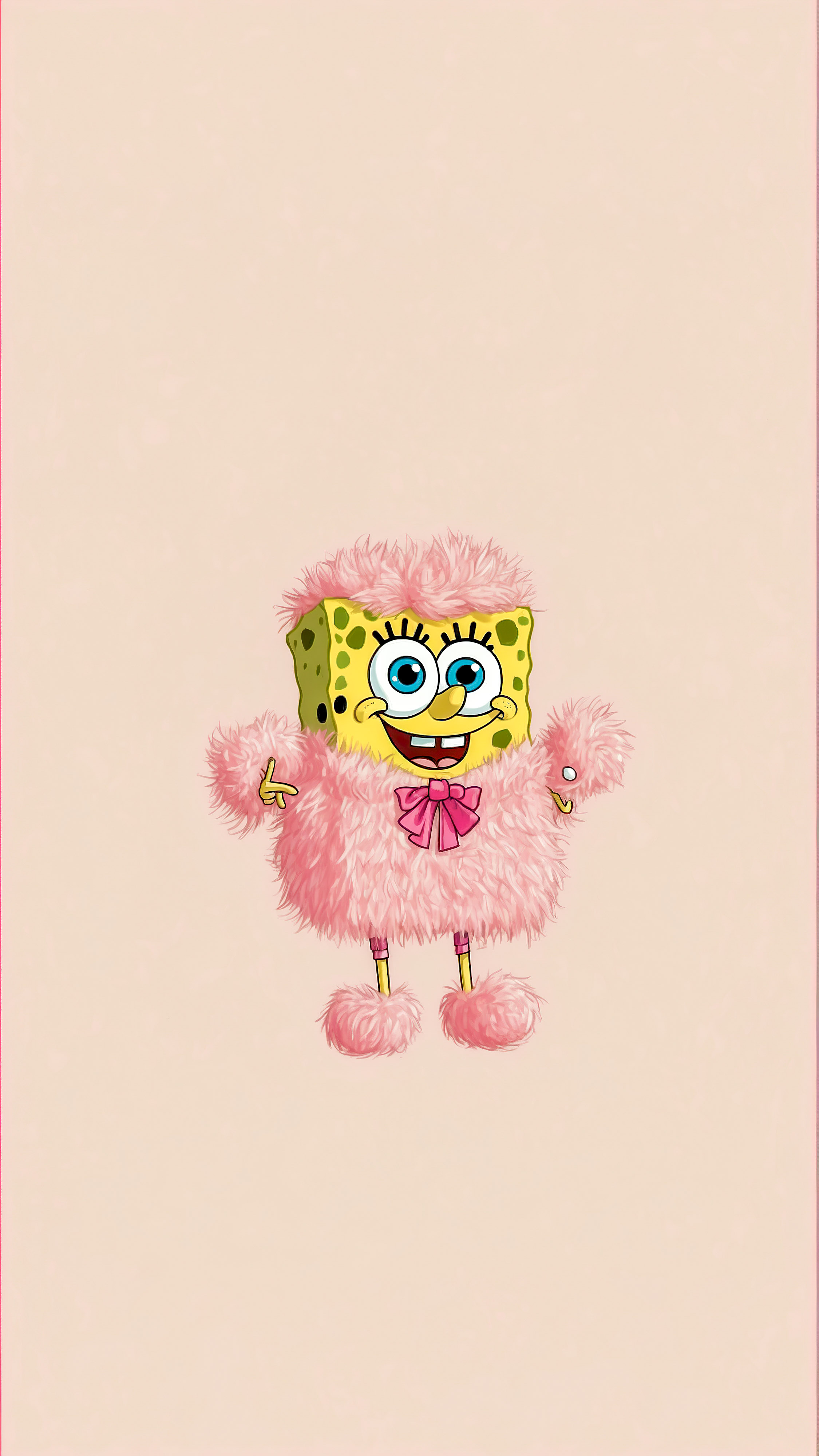 Perdez-vous dans la magie de notre fond d'écran de dessin animé mignon pour iPhone, présentant SpongeBob SquarePants orné d'une boa rose duveteuse et exprimant la surprise. 