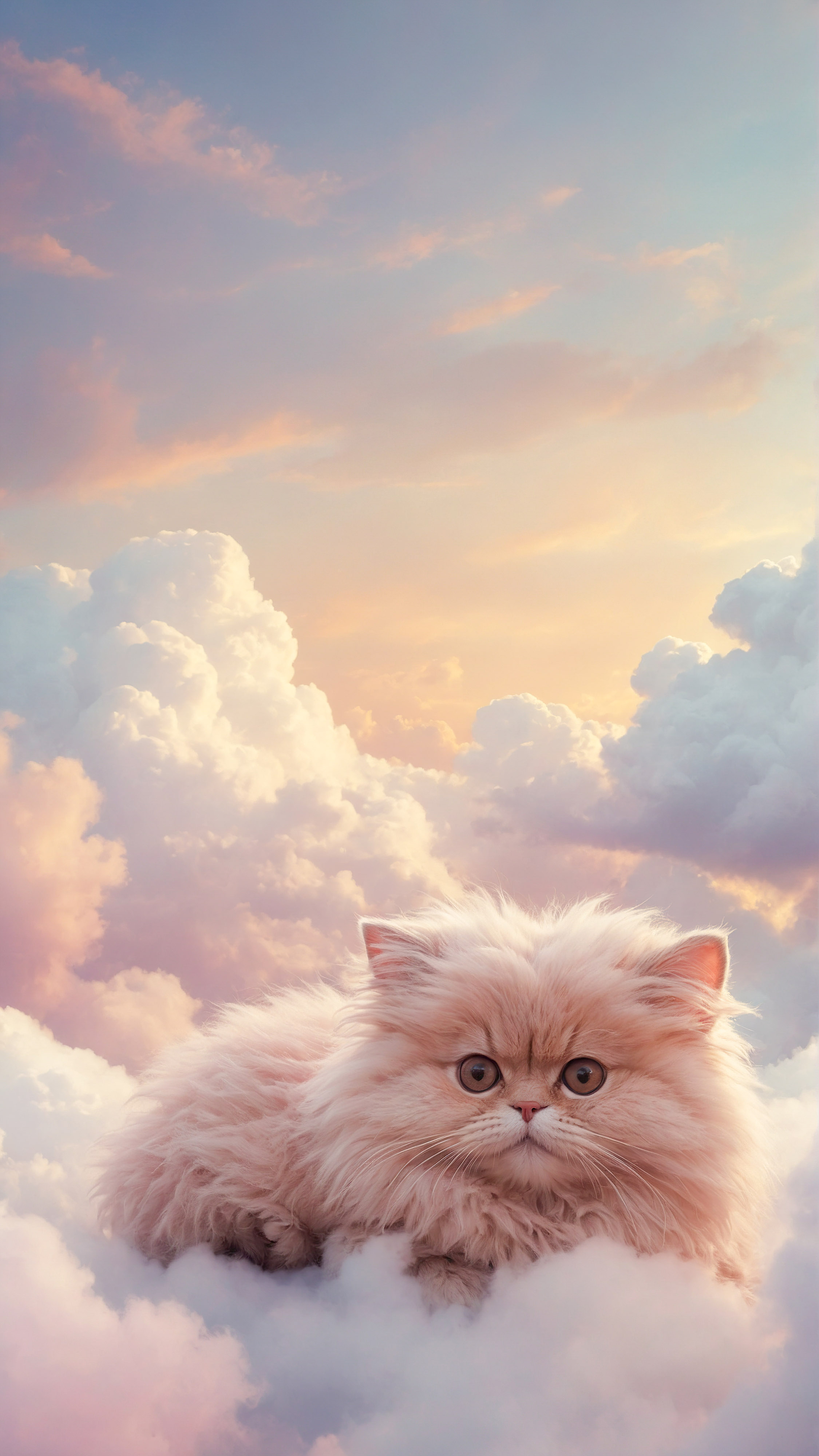 Découvrez la douceur d'un chaton duveteux assis au milieu de doux nuages sous un ciel pastel, avec notre fond d'écran mignon à thème félin pour votre iPhone.