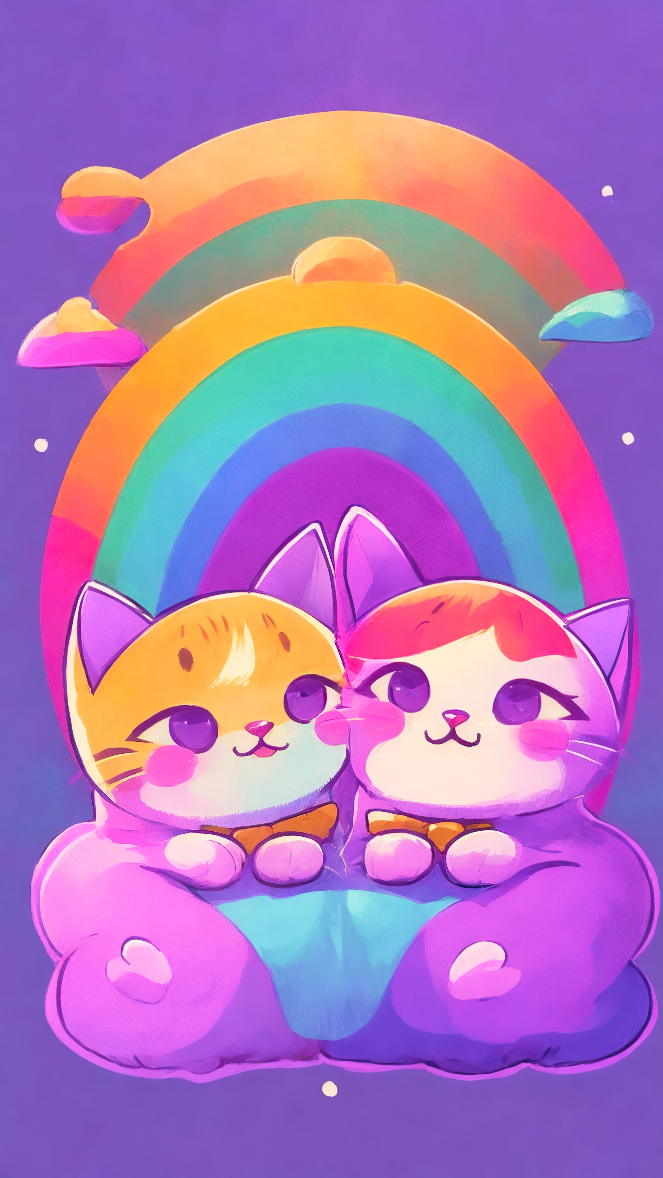Admire the elegance of our cute cats wallpaper for iPhone, featuring a kawaii cartoon-style rainbow on a purple background that will make your device stand out.