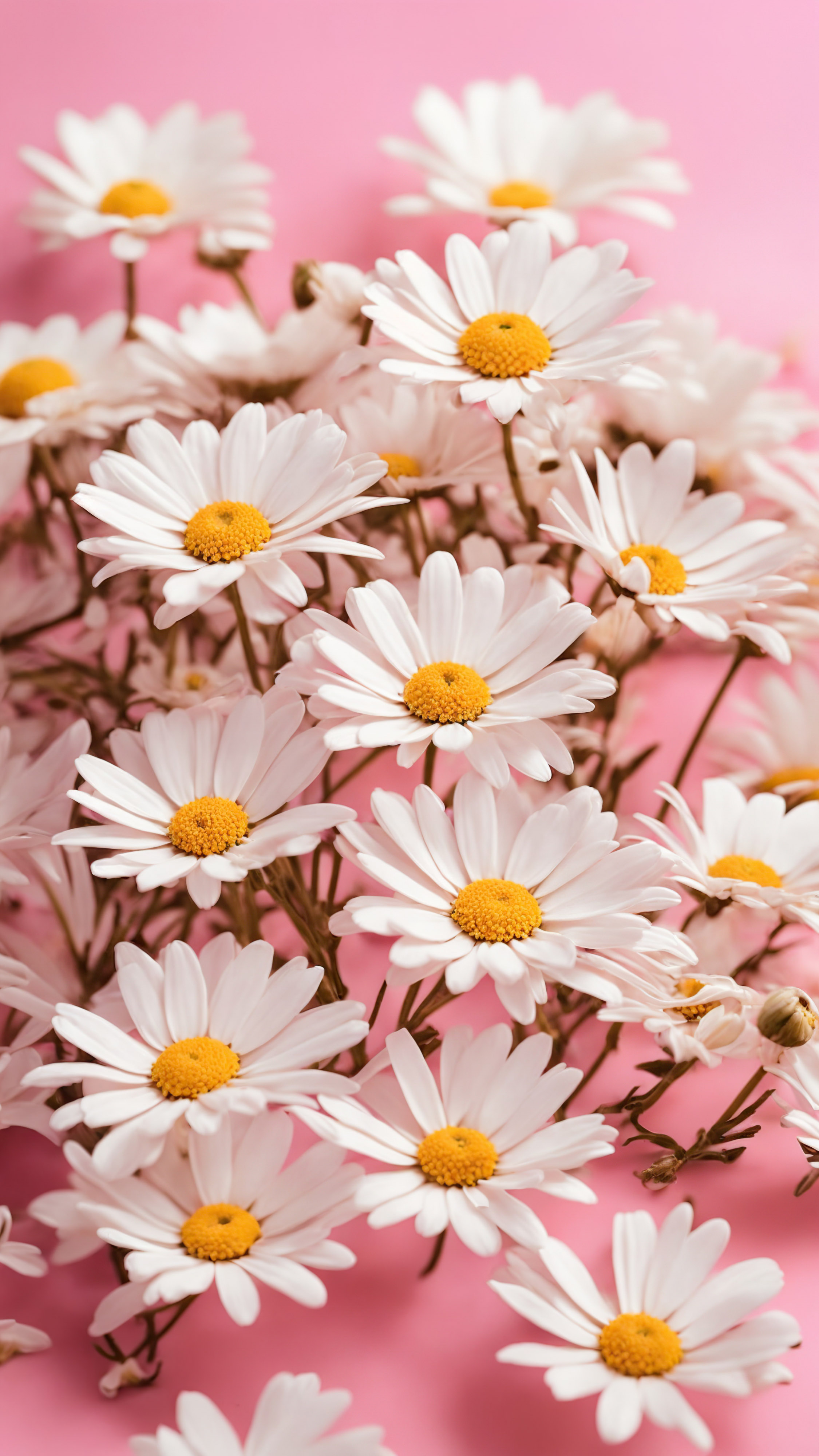 Admire the elegance of white daisies with yellow centers scattered across a pink background, with our flower-themed cute wallpaper for your iPhone.