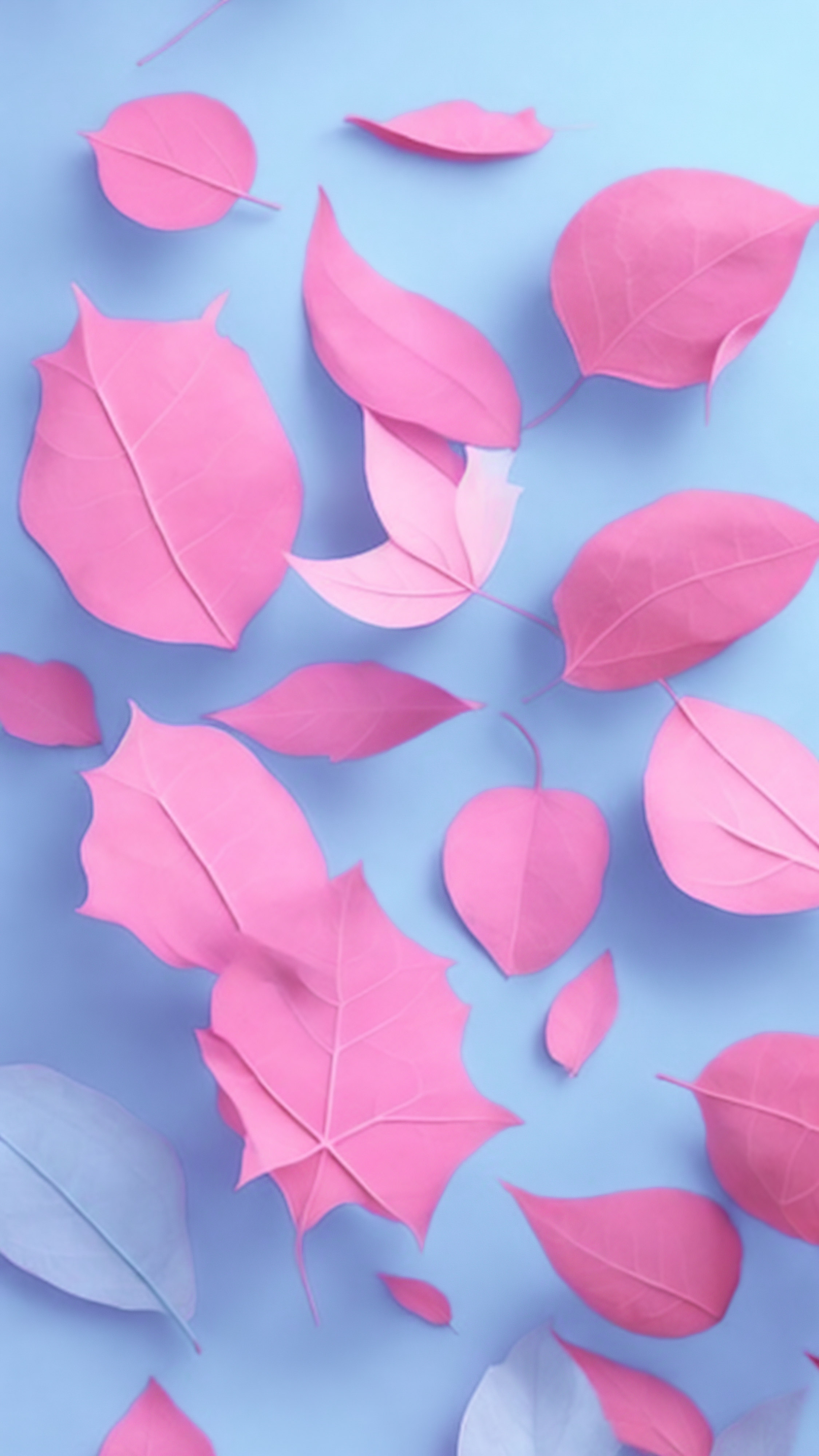 Transformez l'apparence de votre appareil avec notre écran d'accueil mignon pour iPhone, présentant diverses formes et tailles de feuilles roses dispersées sur un arrière-plan bleu doux.
