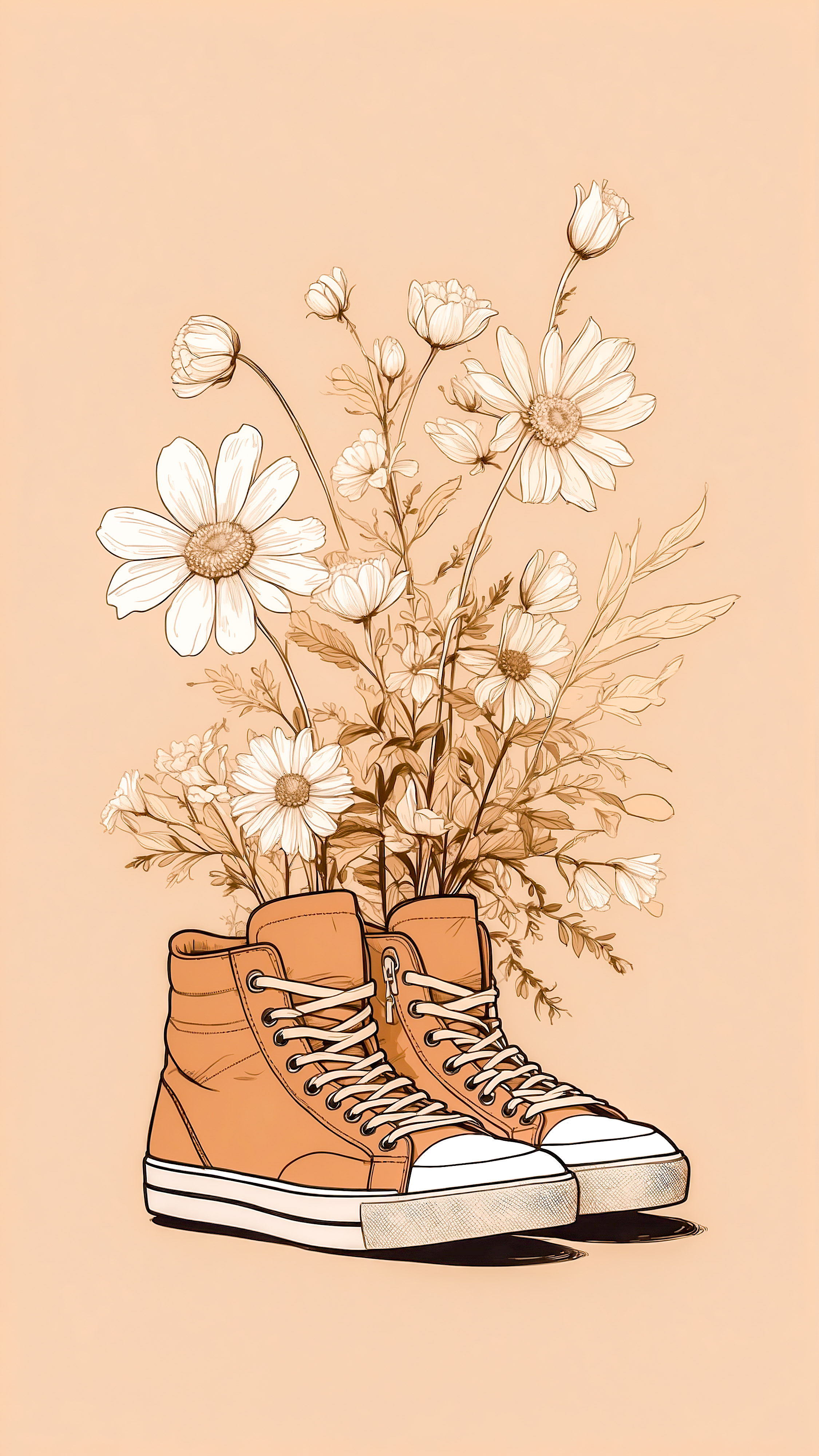 Bring the beauty of simplicity to your iPhone with simple wallpapers featuring a pair of brown and white sneakers with flowers sprouting from them against a beige background.