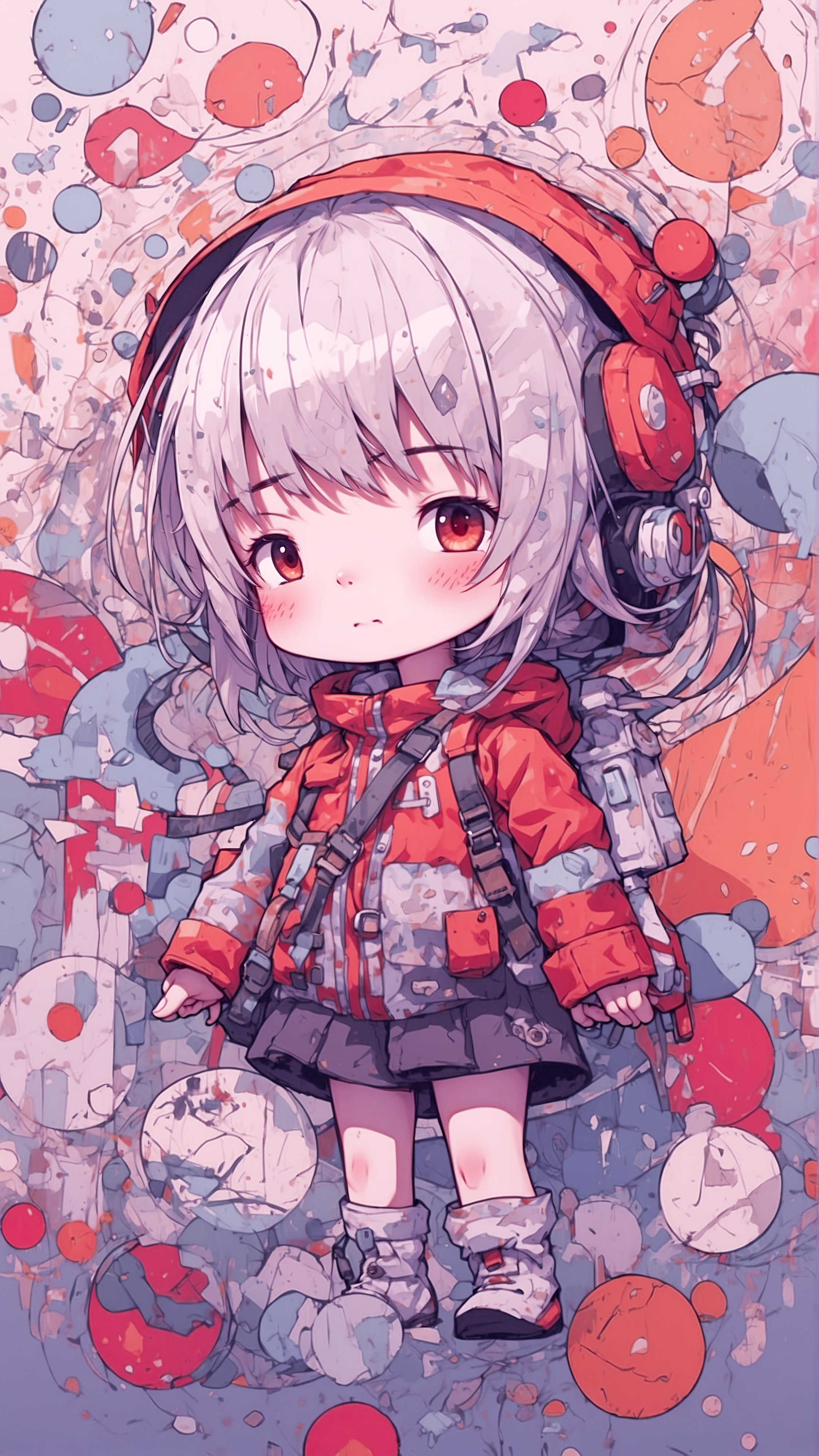 Experience the charm of a girly anime character surrounded by various abstract shapes and textures, through a delightful cute wallpaper for your iPhone.