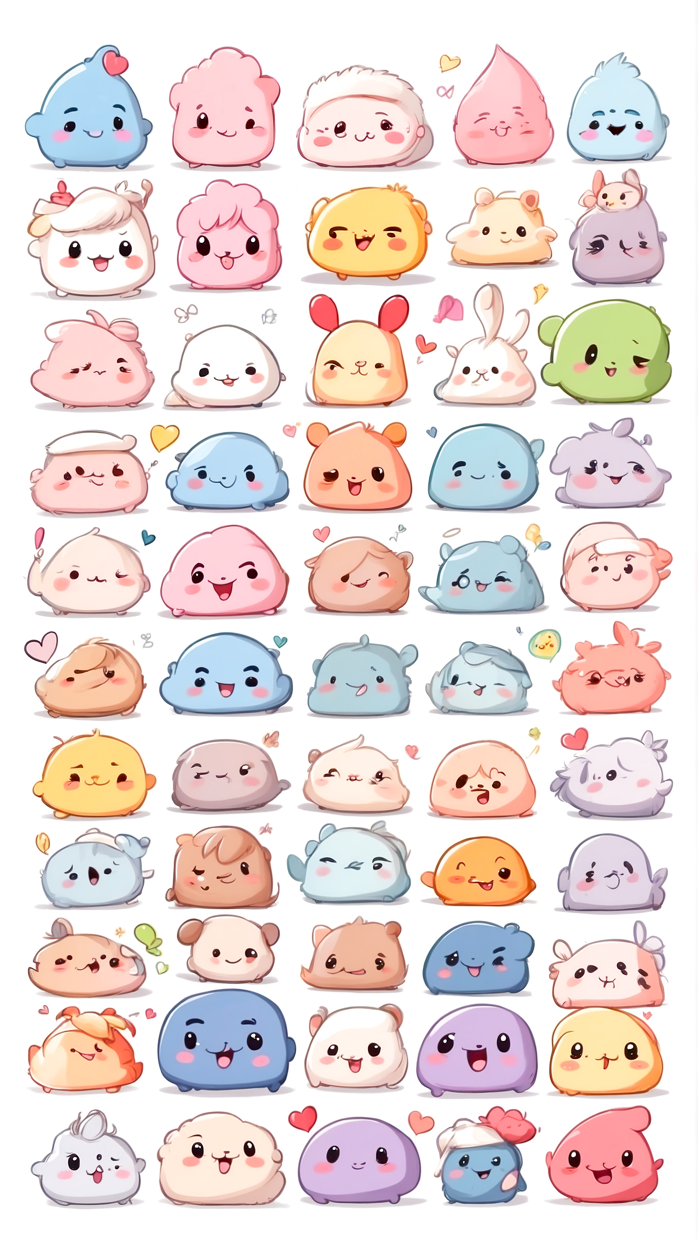 Perdez-vous dans la magie de notre fond d'écran kawaii pour iPhone, rempli de nombreux petits personnages kawaii mignons de couleurs uniques et d'expressions faciales dans un design simple et adorable.