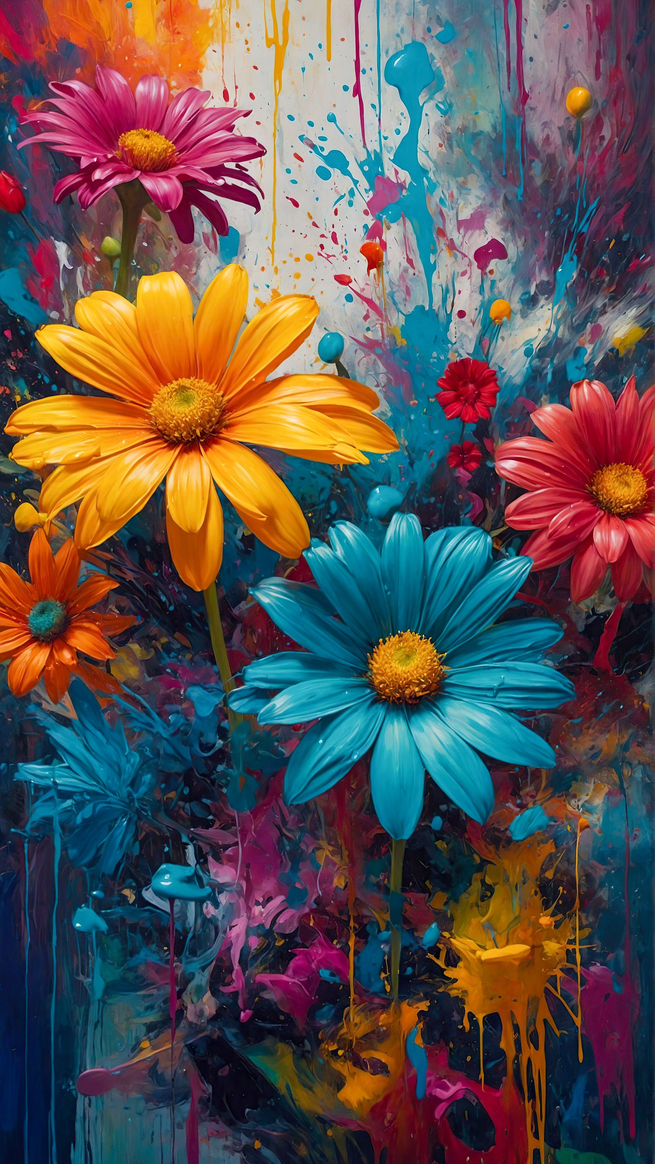 Enjoy the beauty and style of an aesthetic background for your iPhone, featuring an abstract painting of colorful flowers with a splash of various colors and brush strokes.