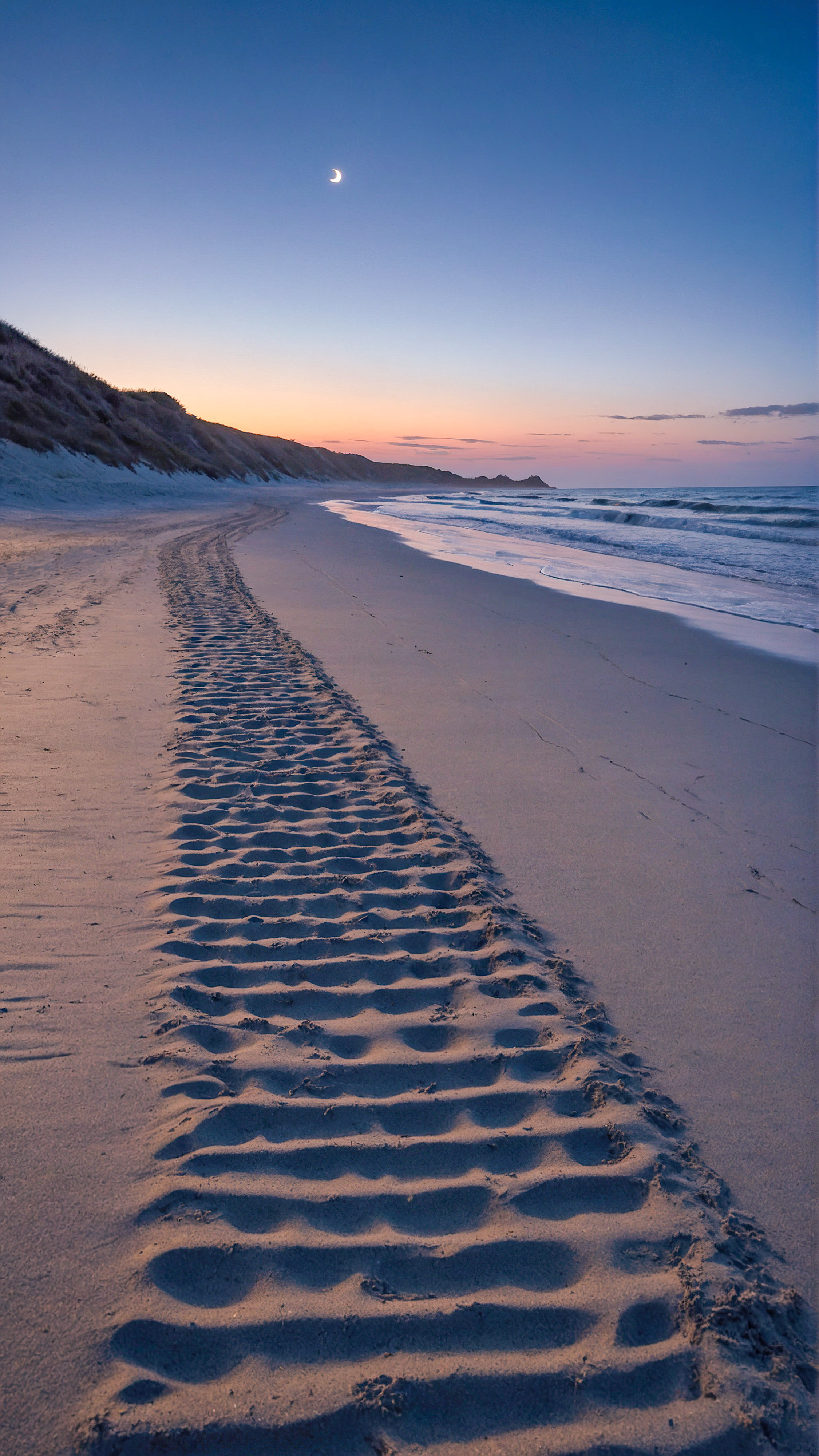 Get lost in the magic of a serene beach scene at dusk, with tire tracks in the sand leading towards the gentle waves, and a crescent moon visible in the sky with our aesthetic beach wallpaper for iPhone.