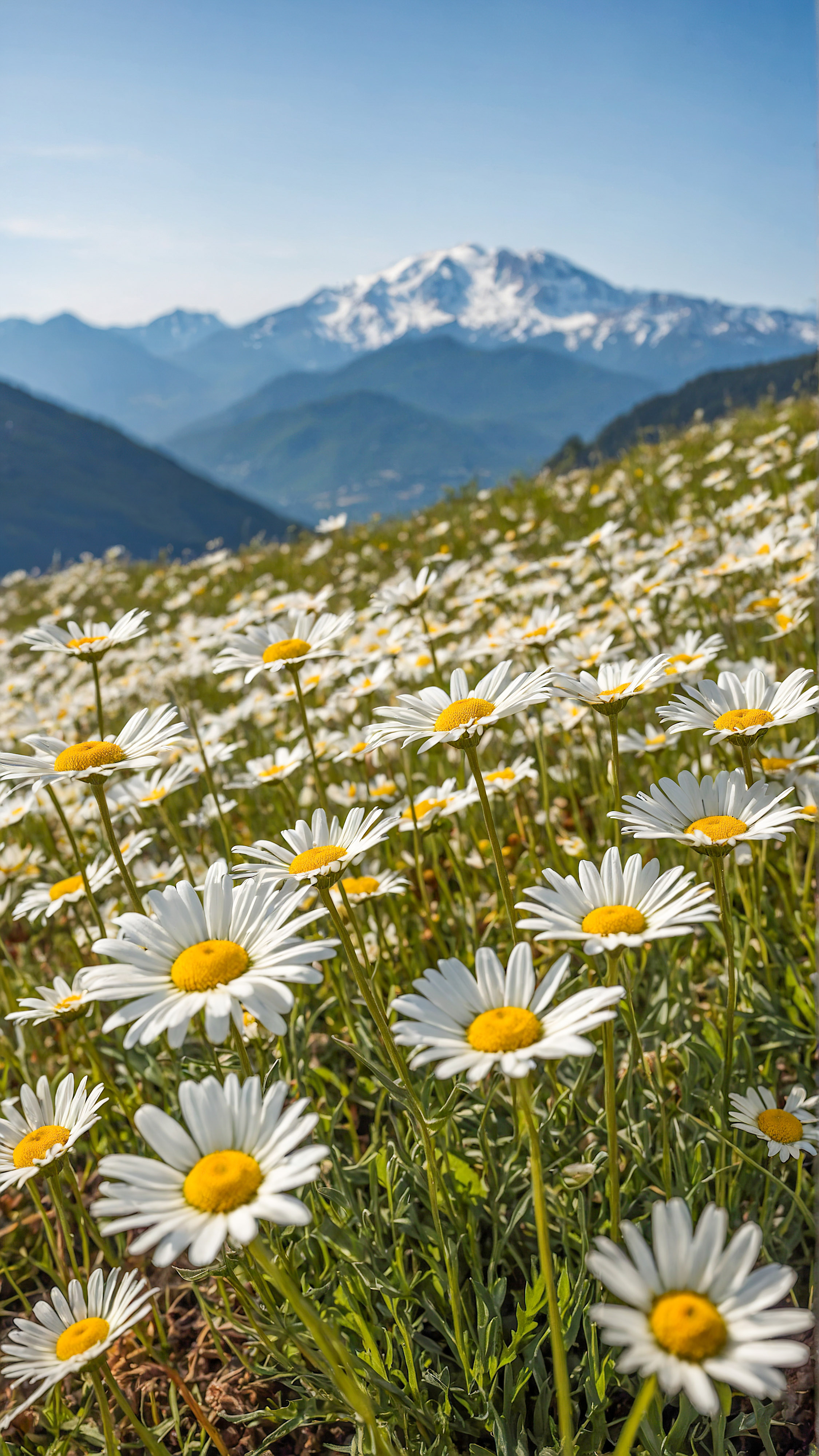 Laissez-vous hypnotiser par la tranquillité de notre fond d'écran d'arrière-plan esthétique pour iPhone, présentant un champ serein de fleurs de marguerites en fleurs, avec un paysage montagneux sous un ciel clair en arrière-plan.