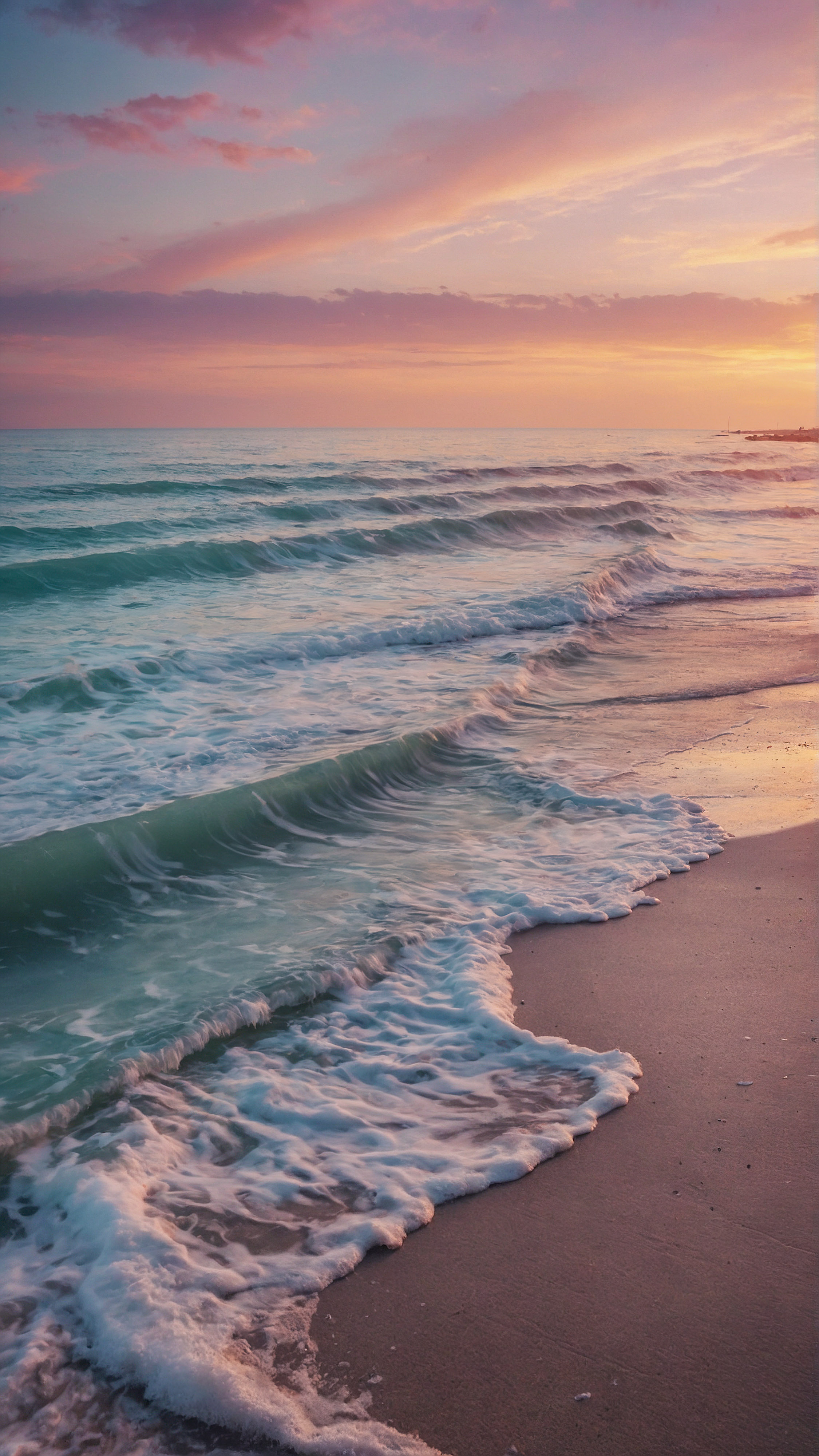 Apportez la beauté d'une scène de plage tranquille au coucher du soleil avec le rivage à votre appareil avec notre fond d'écran pour l'écran d'accueil de l'iPhone. 