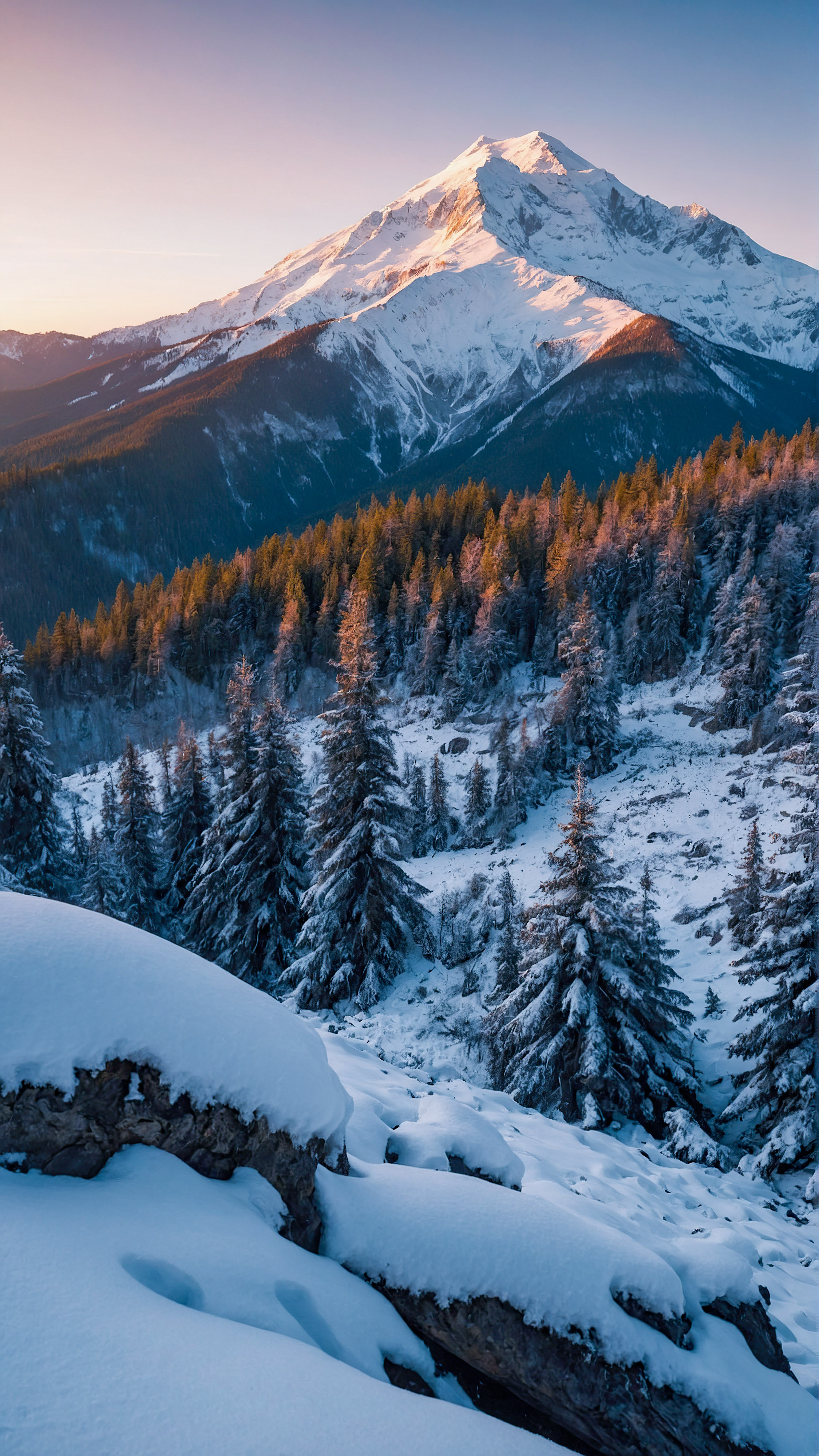 Perdez-vous dans la magie d'une vue à couper le souffle d'un sommet de montagne enneigé au milieu d'une forêt au coucher du soleil avec notre fond d'écran esthétique pour iPhone en 4K.