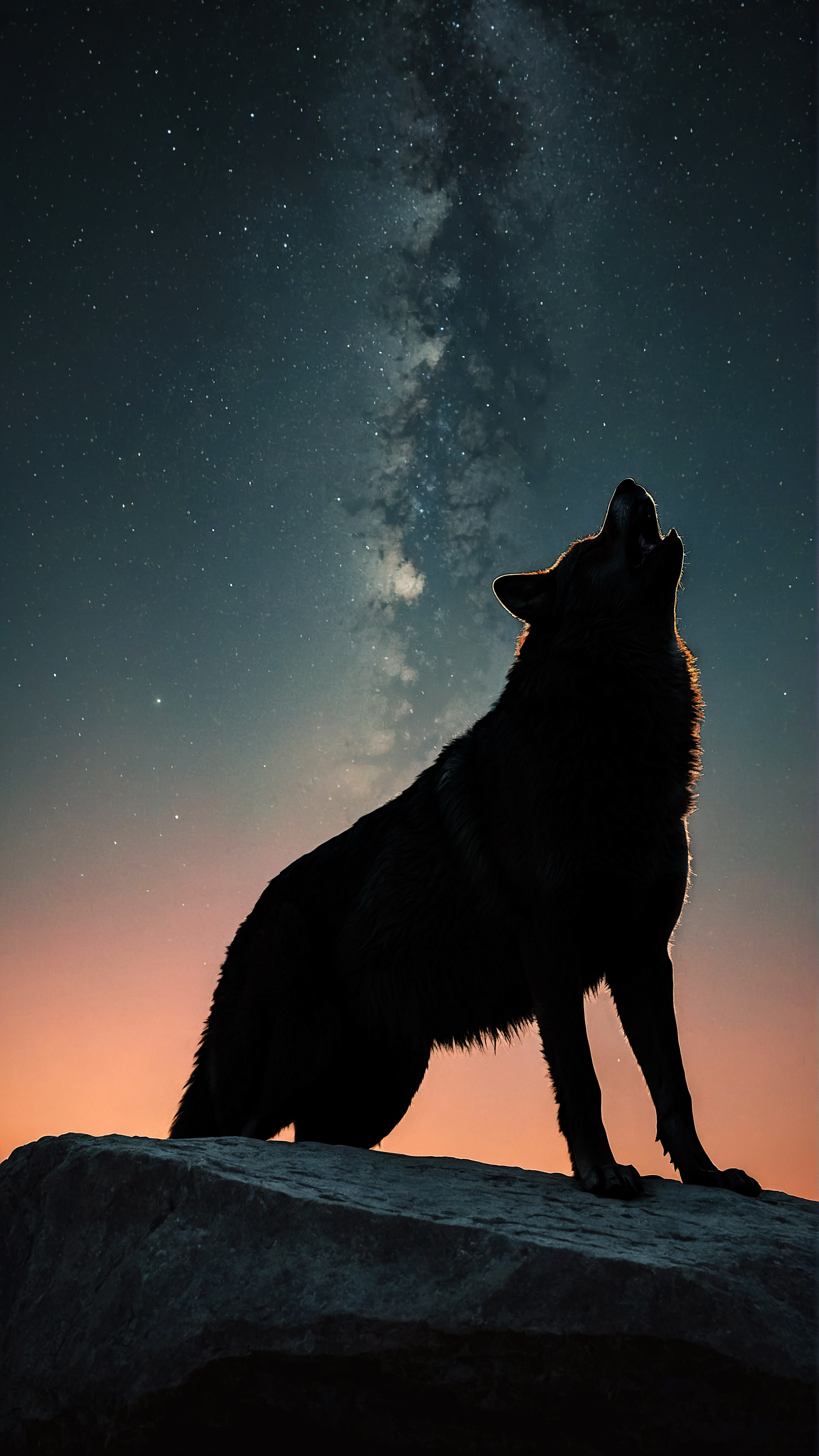 Admire the mystery and beauty of our aesthetic lock screen for iPhone, an illustration of a black silhouette of a wolf standing on a rock against the backdrop of a scenic sunset and starry sky.