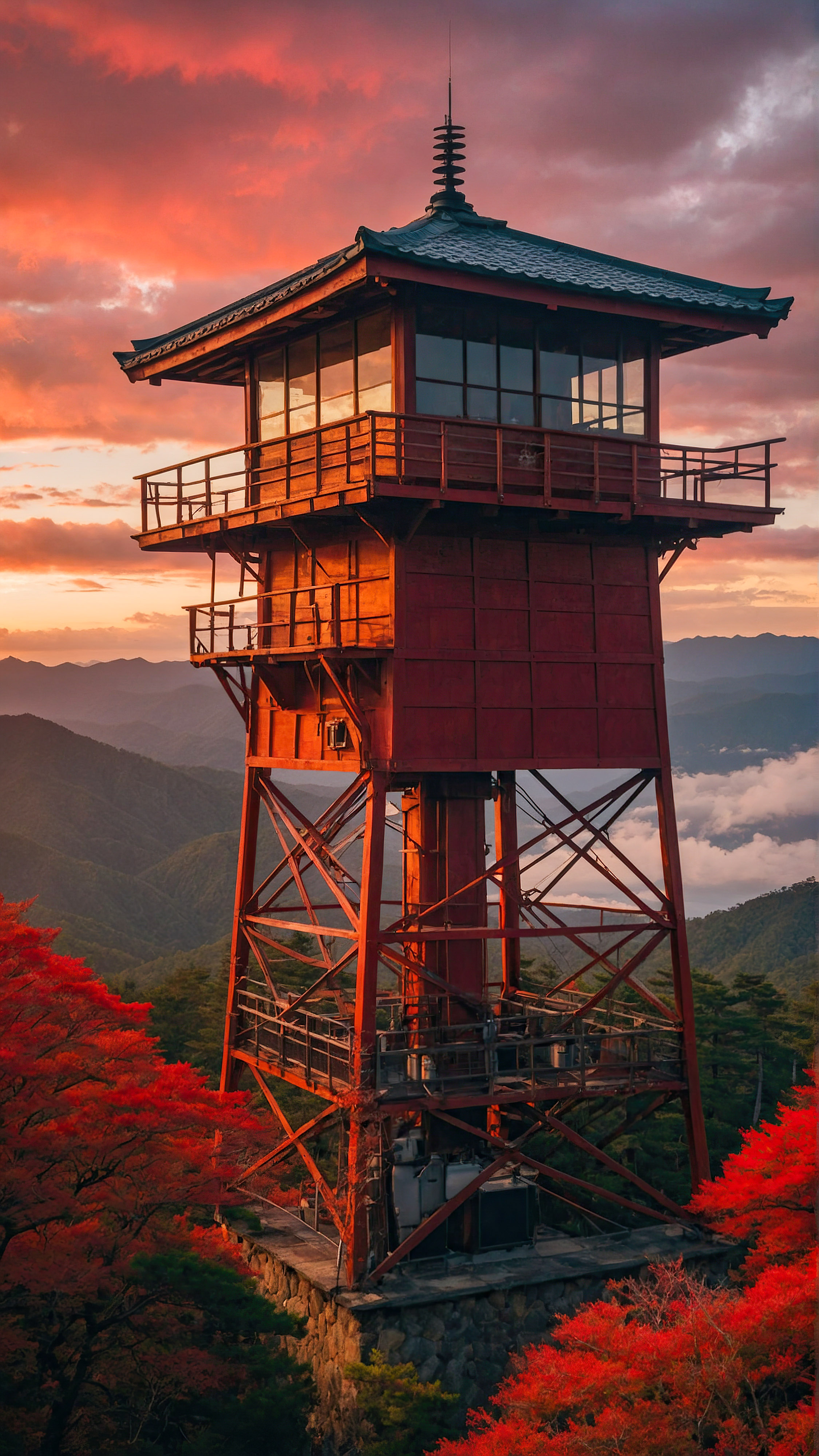 Transform your phone’s look with an aesthetic wallpaper, capturing a serene and picturesque Japanese scene of a fire lookout tower amidst a forest with mountains in the background, under a vibrant red sky with the sun setting or rising.