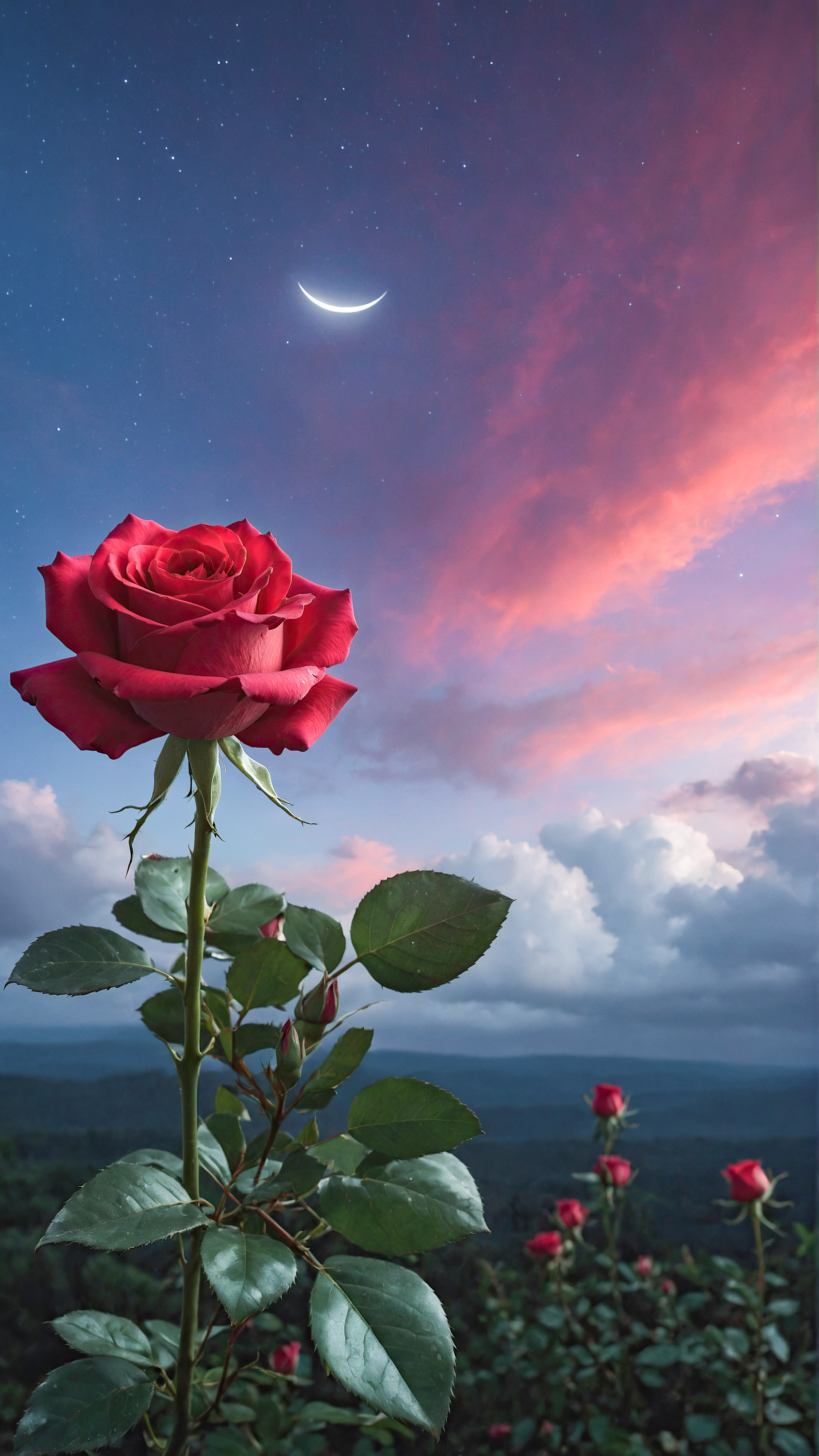 Faites l'expérience du charme d'un arrière-plan mignon pour votre iPhone, présentant une rose rouge vibrante enveloppée dans une aura magique, flottant au milieu d'un ciel rêveur rempli de nuages avec des nuances de violet et de bleu, et un croissant de lune discret en arrière-plan.