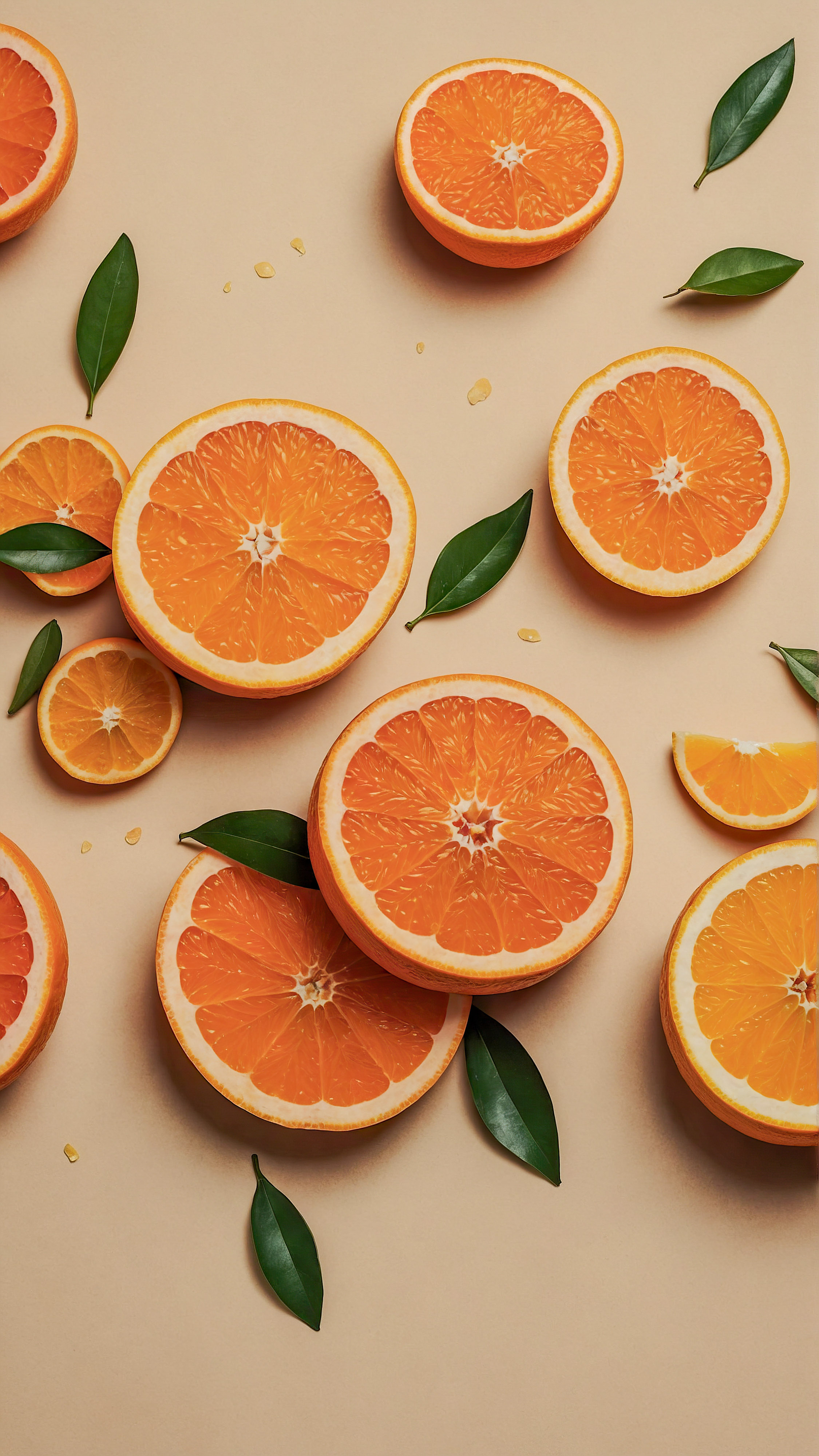 Transformez l'apparence de votre appareil avec un beau fond d'écran esthétique cool pour iPhone, présentant un design à motifs avec diverses illustrations d'oranges entières et tranchées sur un arrière-plan beige clair texturé.