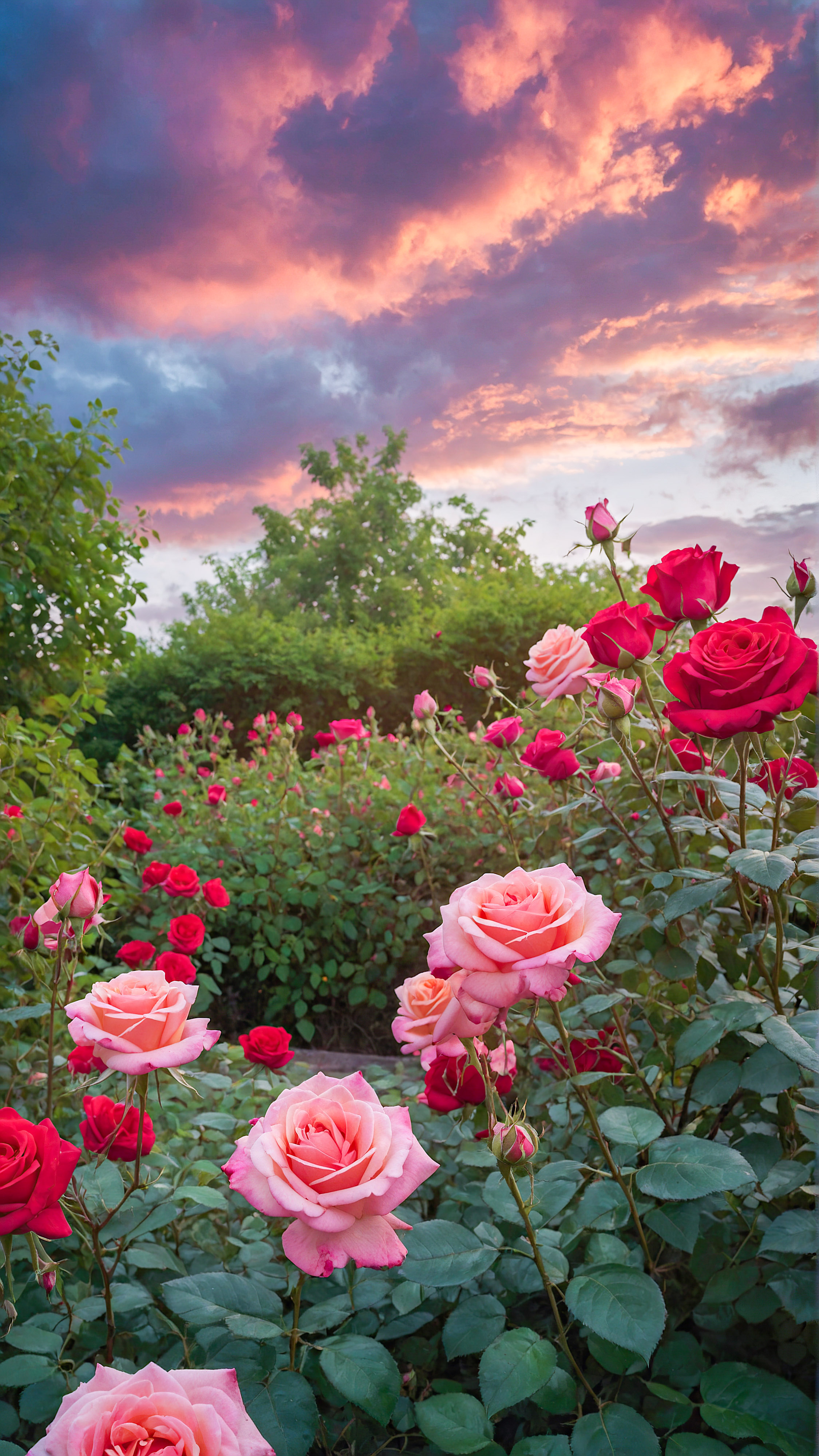 Transformez l'apparence de votre appareil avec un fond d'écran iPhone HD mignon, présentant un jardin vibrant rempli de roses roses et rouges en fleurs sous un ciel lumineux et nuageux.