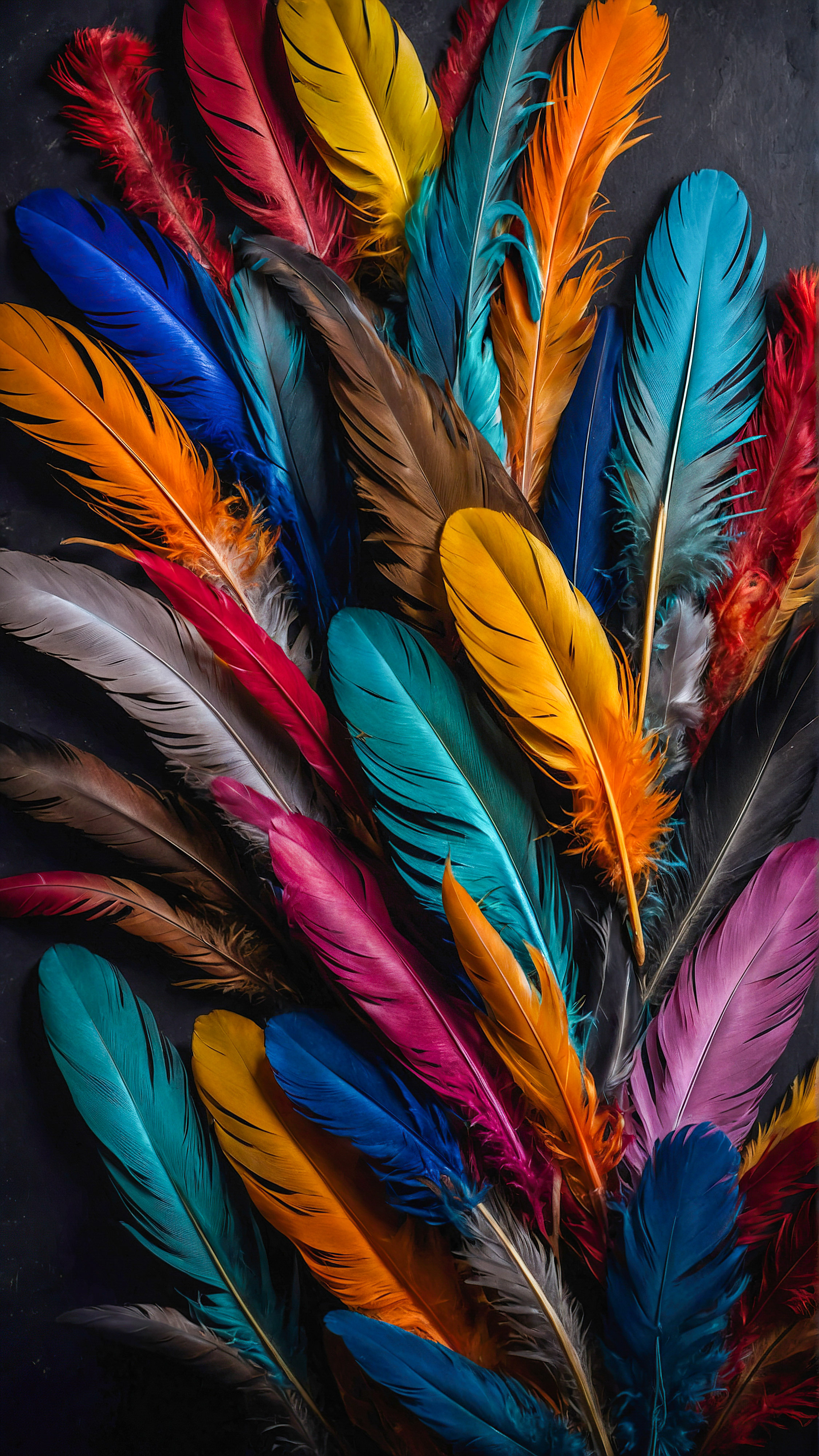 Experience the soothing effect of a pastel aesthetic iPhone wallpaper, presenting an abstract arrangement of colorful feathers against a dark background.