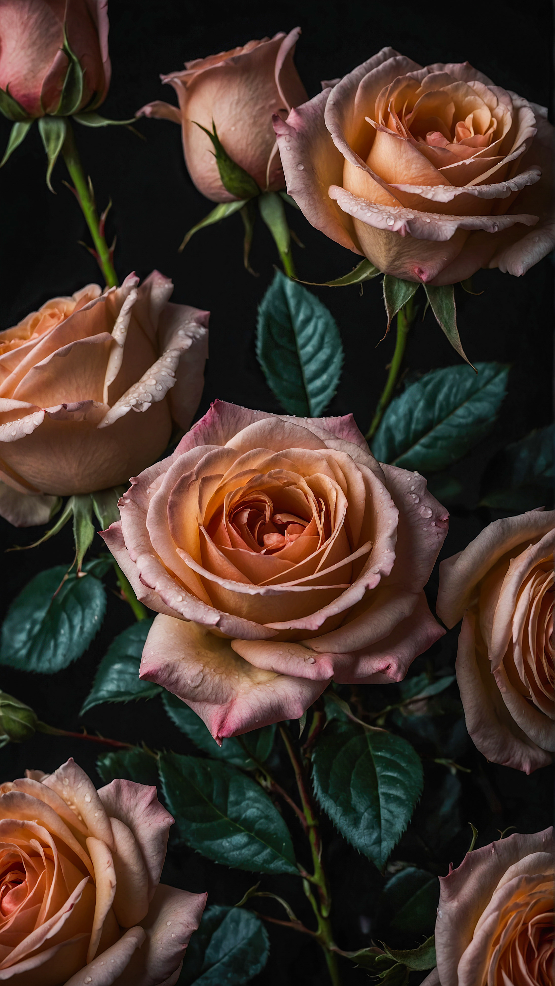 Admirez l'élégance de notre fond d'écran rose pastel pour iPhone, un gros plan de roses élégantes avec un éclairage doux et mélancolique qui met en valeur leurs pétales et feuilles intricats sur un arrière-plan noir. 