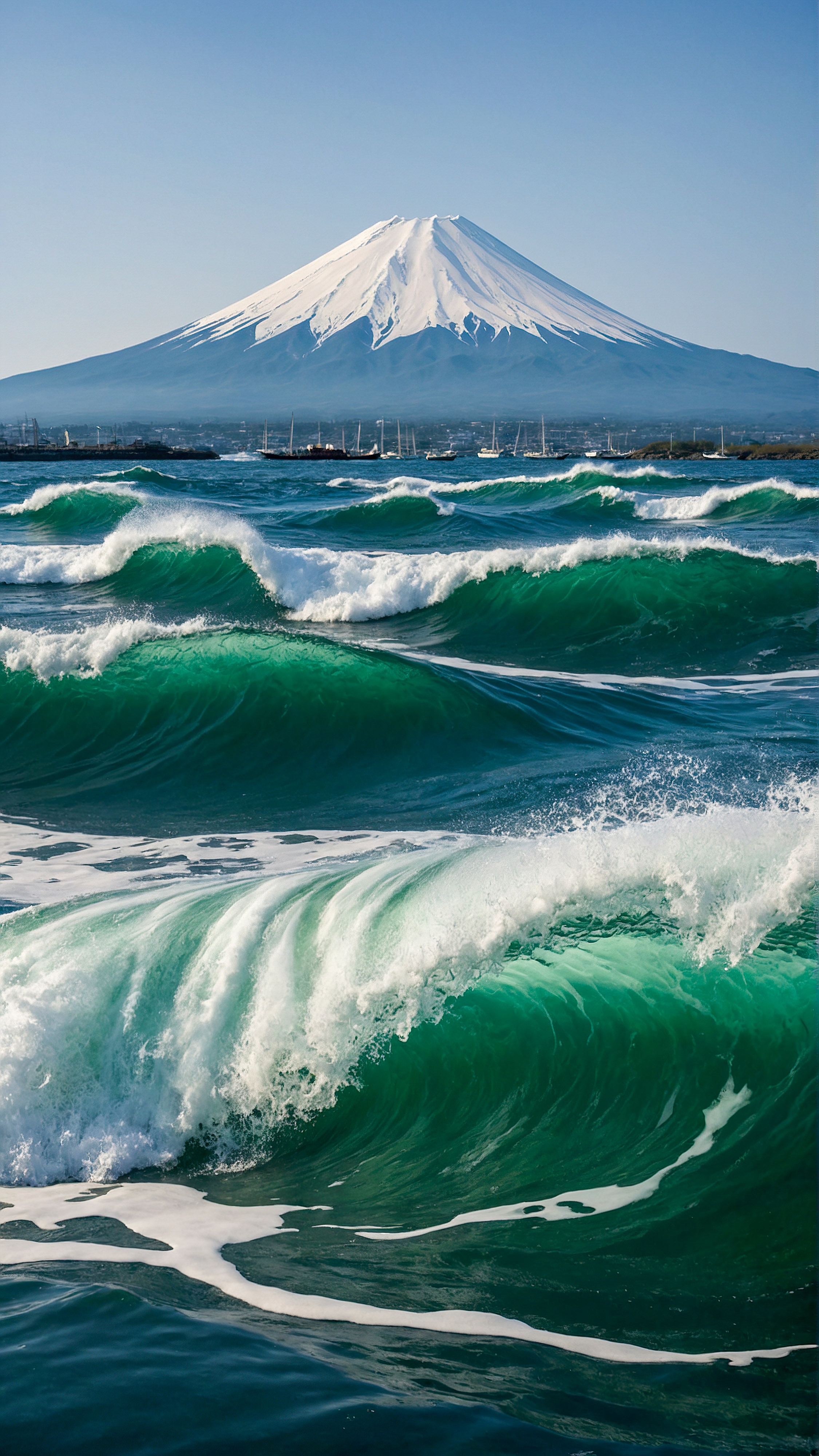 Ornez votre iPhone avec un arrière-plan esthétique inspiré par La Grande Vague de Kanagawa, une œuvre d'art de style japonais traditionnel représentant une grande vague verte puissante avec de l'écume blanche, le mont Fuji en arrière-plan, et plusieurs bateaux sur la mer tumultueuse.