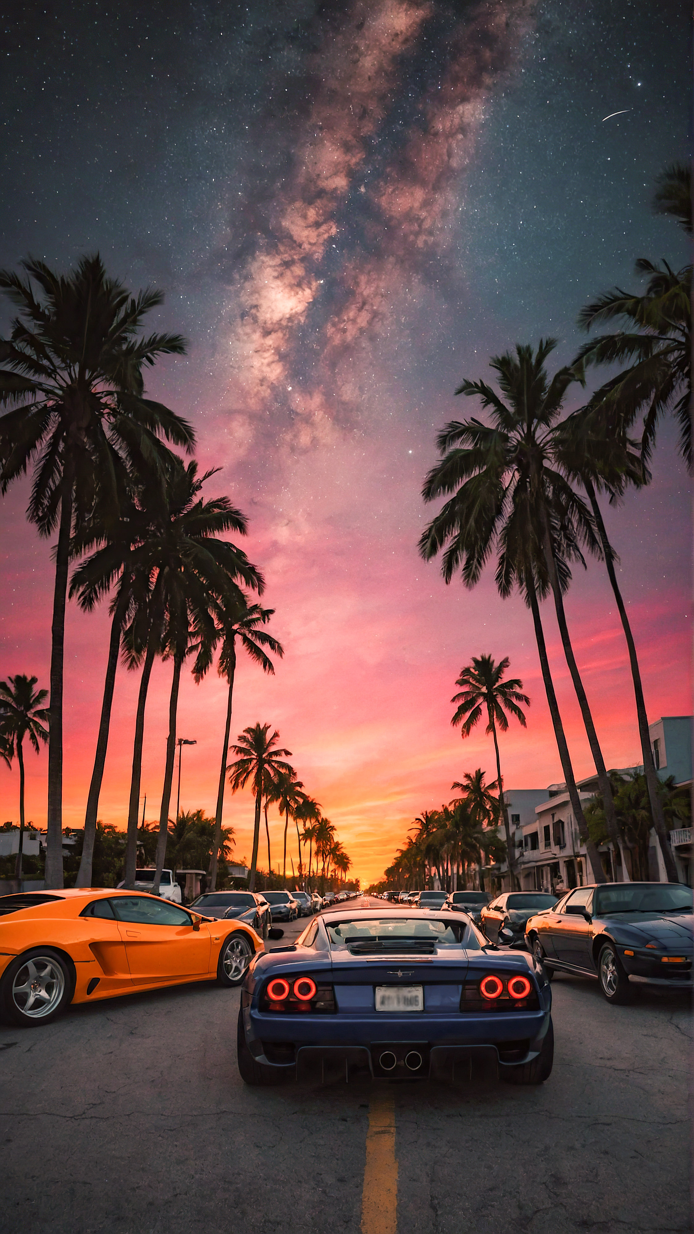 Experience the vibrancy of a cityscape at dusk with our car iPhone wallpaper, featuring a vibrant sunset on a street with sports cars lined with palm trees, under a starry sky with a crescent moon, adding a touch of urban charm to your device.
