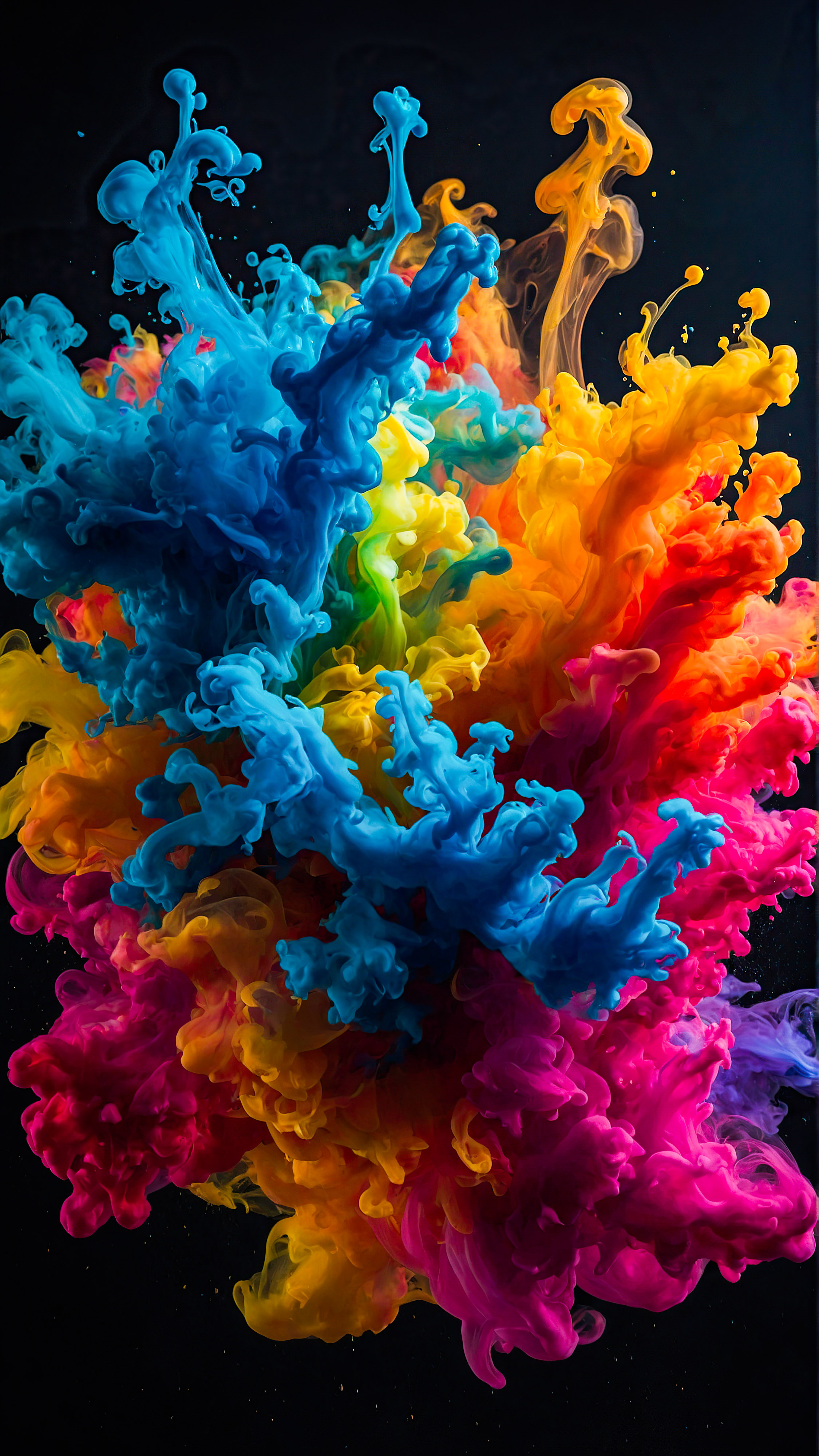 Get lost in the magic of our cool 4K iPhone wallpapers, featuring vibrant, multicolored ink plumes dispersing in water, creating an abstract and visually striking effect that adds a splash of creativity to your screen.