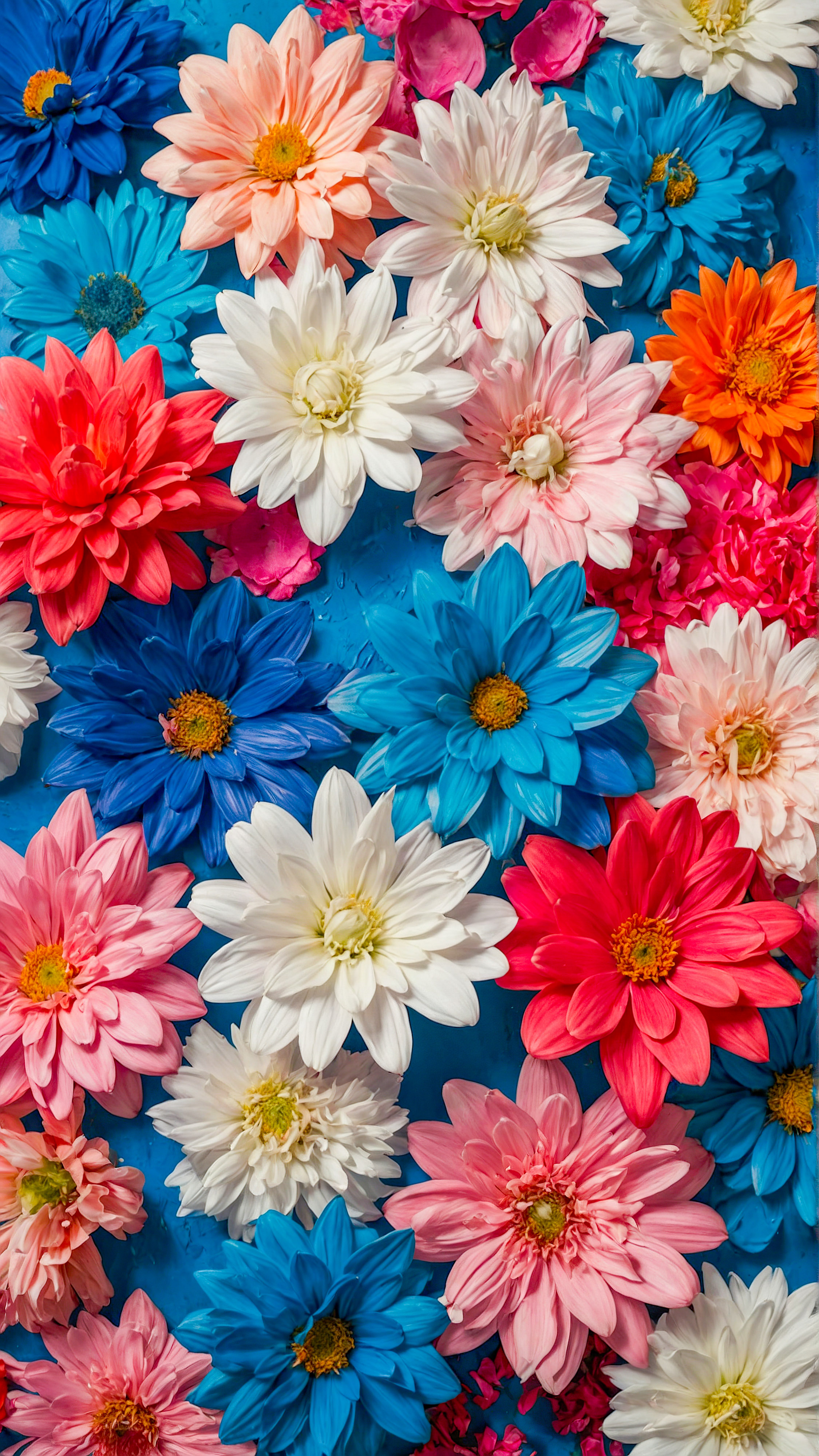 Appréciez la beauté et le style de nos arrière-plans esthétiques et mignons pour iPhone, présentant une collection de fleurs peintes vibrantes et colorées dans diverses nuances de rose, bleu et blanc, ajoutant une touche de charme naturel à votre appareil.