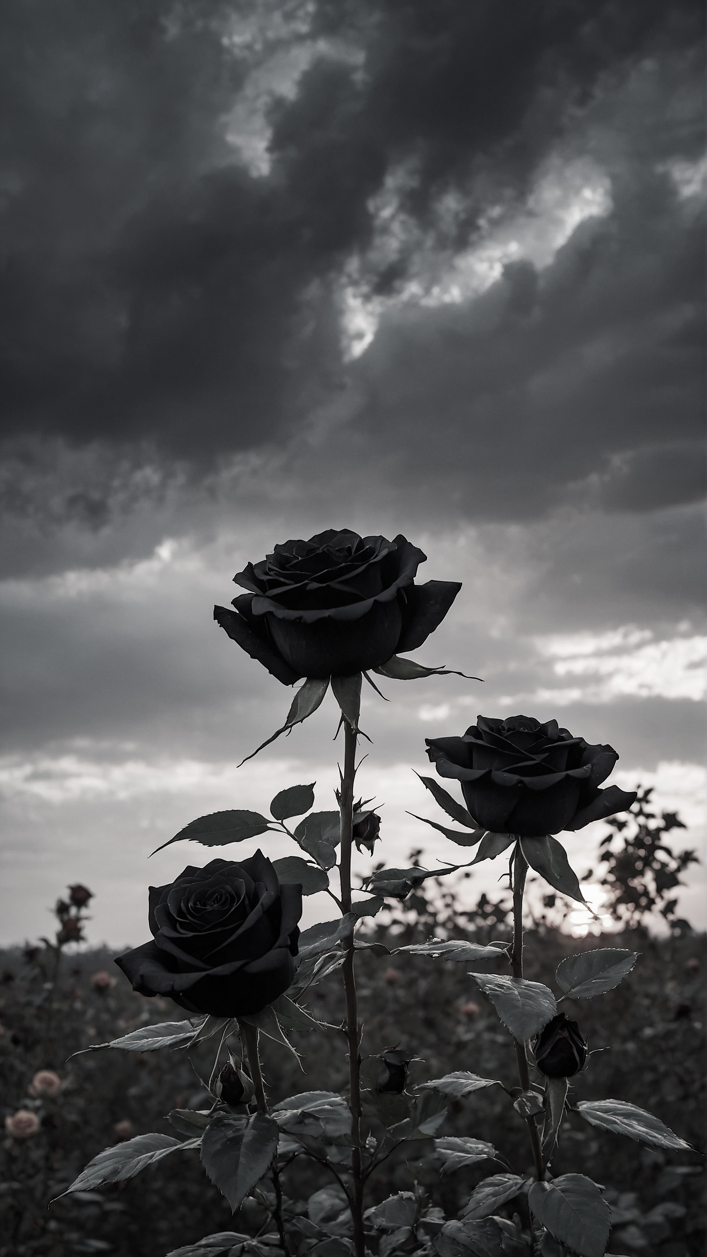 Bring the beauty of blooming black roses against a backdrop of a dramatic sky to your screen with our dark mode iPhone wallpaper, creating a serene and visually striking display.