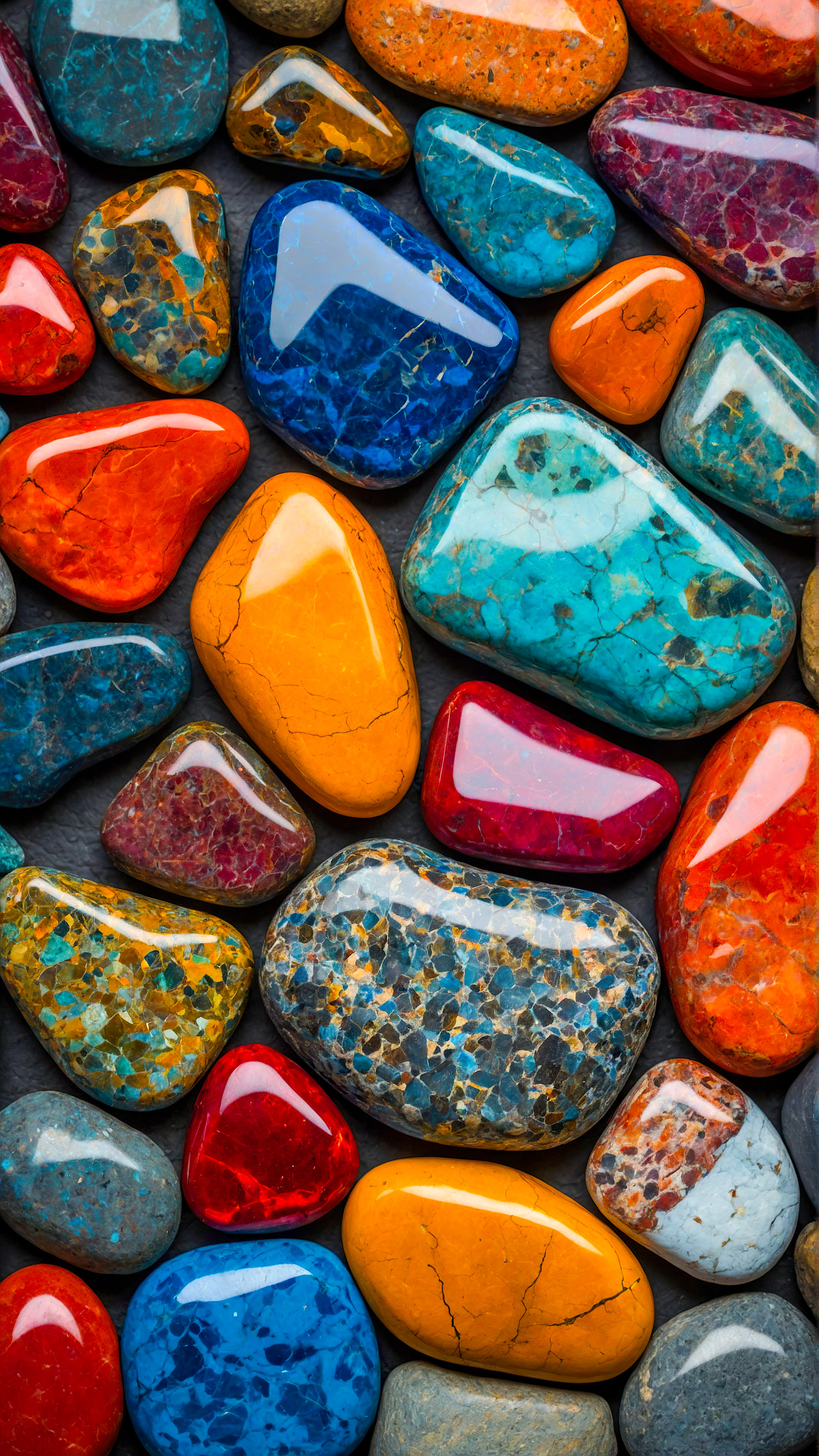 Admire the elegance of our iPhone home screen background, a colorful and artistic representation of variously shaped and sized stones with vibrant, glowing colors and patterns, adding a touch of artistic flair to your device.