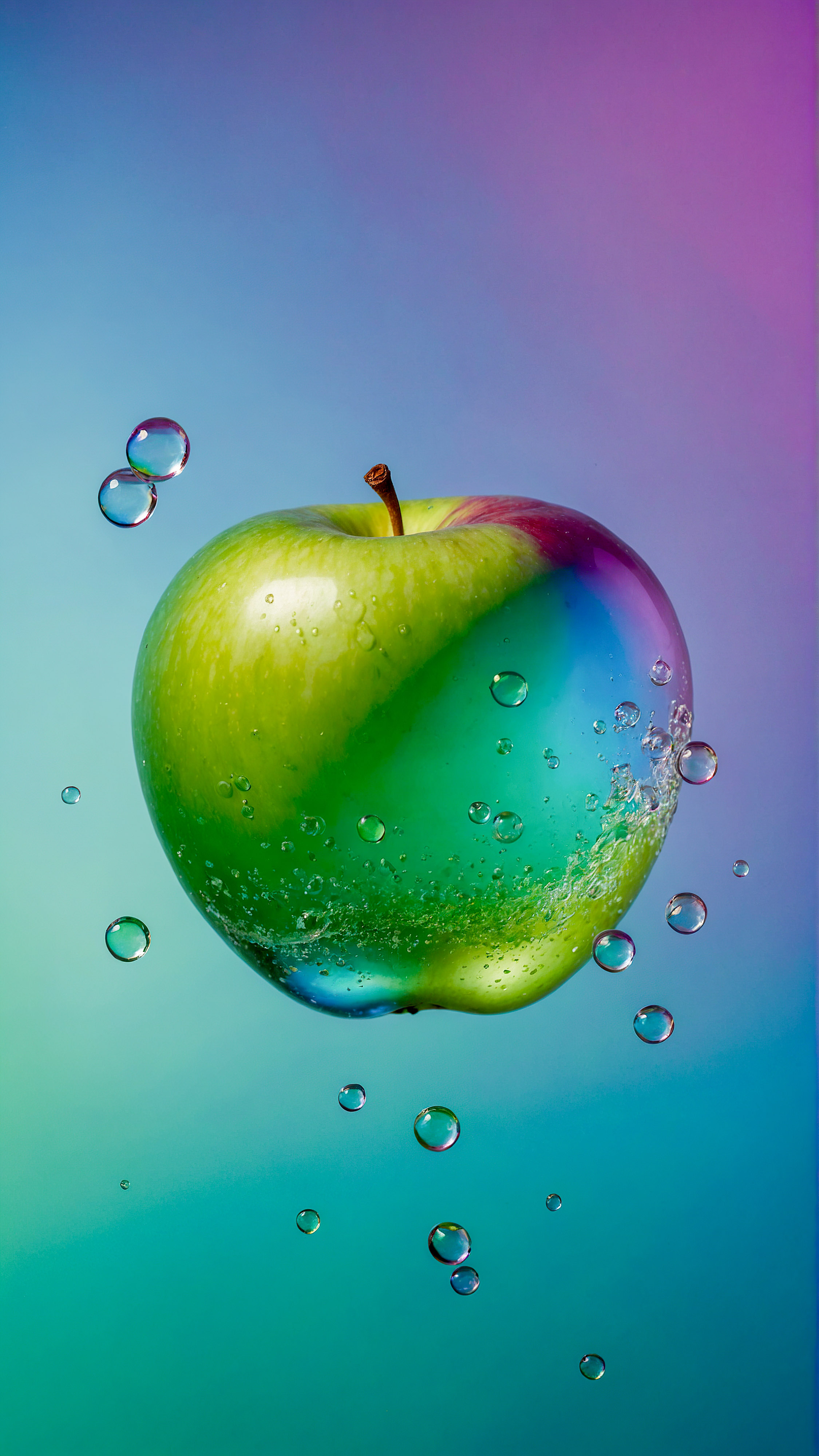 Ornez votre appareil avec notre arrière-plan iPhone avec le logo, présentant des bulles bleues et vertes translucides reflétant le logo Apple flottant sur un fond dégradé vibrant, ajoutant une touche de design moderne à votre écran. 