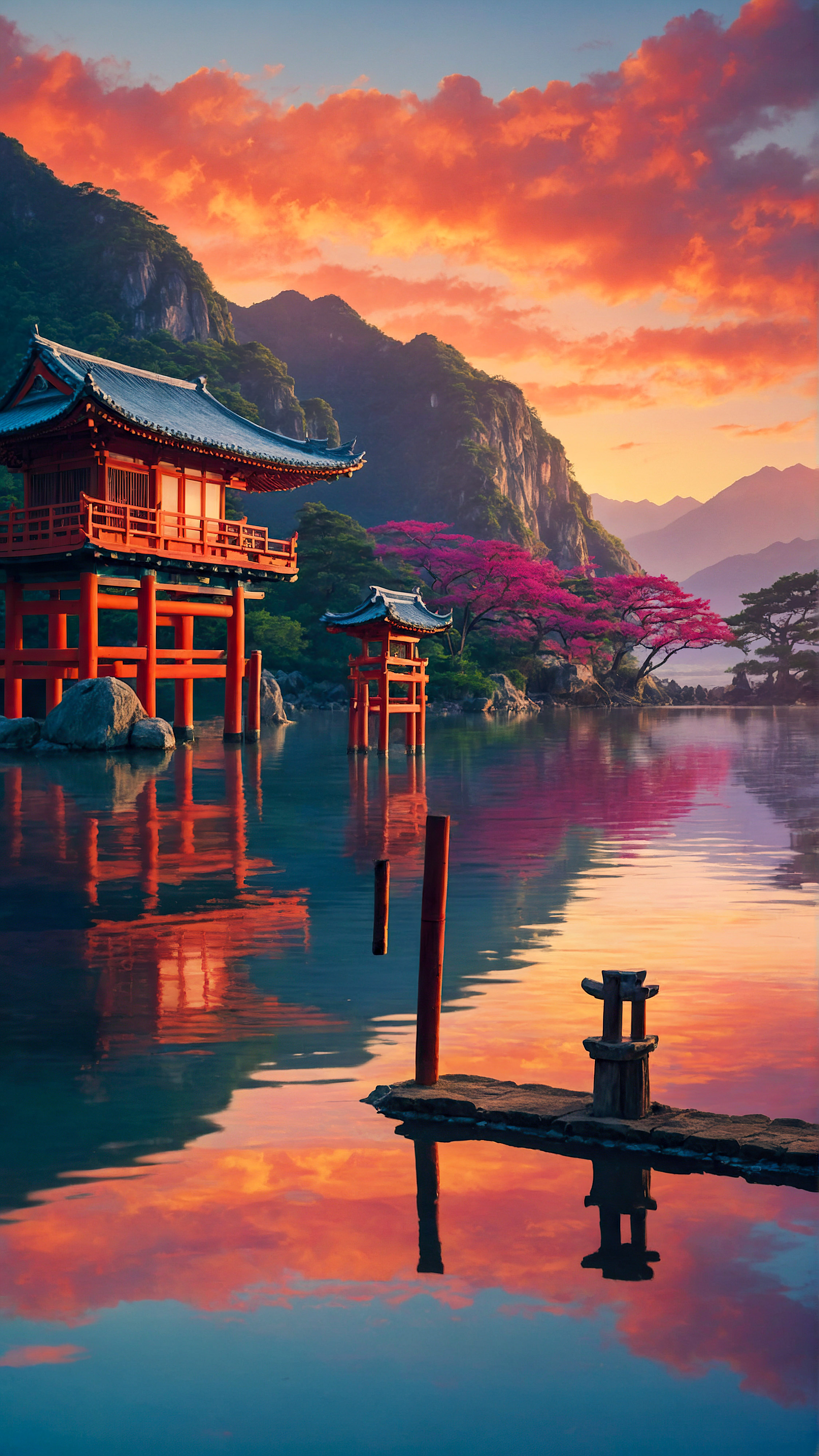 Transformez l'écran de votre appareil avec notre arrière-plan pour iPhone, une illustration vibrante et colorée d'un paysage asiatique serein et mystique au coucher du soleil, présentant des montagnes, un bâtiment traditionnel et une porte torii reflétée dans les eaux calmes en dessous, vous emmenant dans un voyage visuel vers l'Est. 