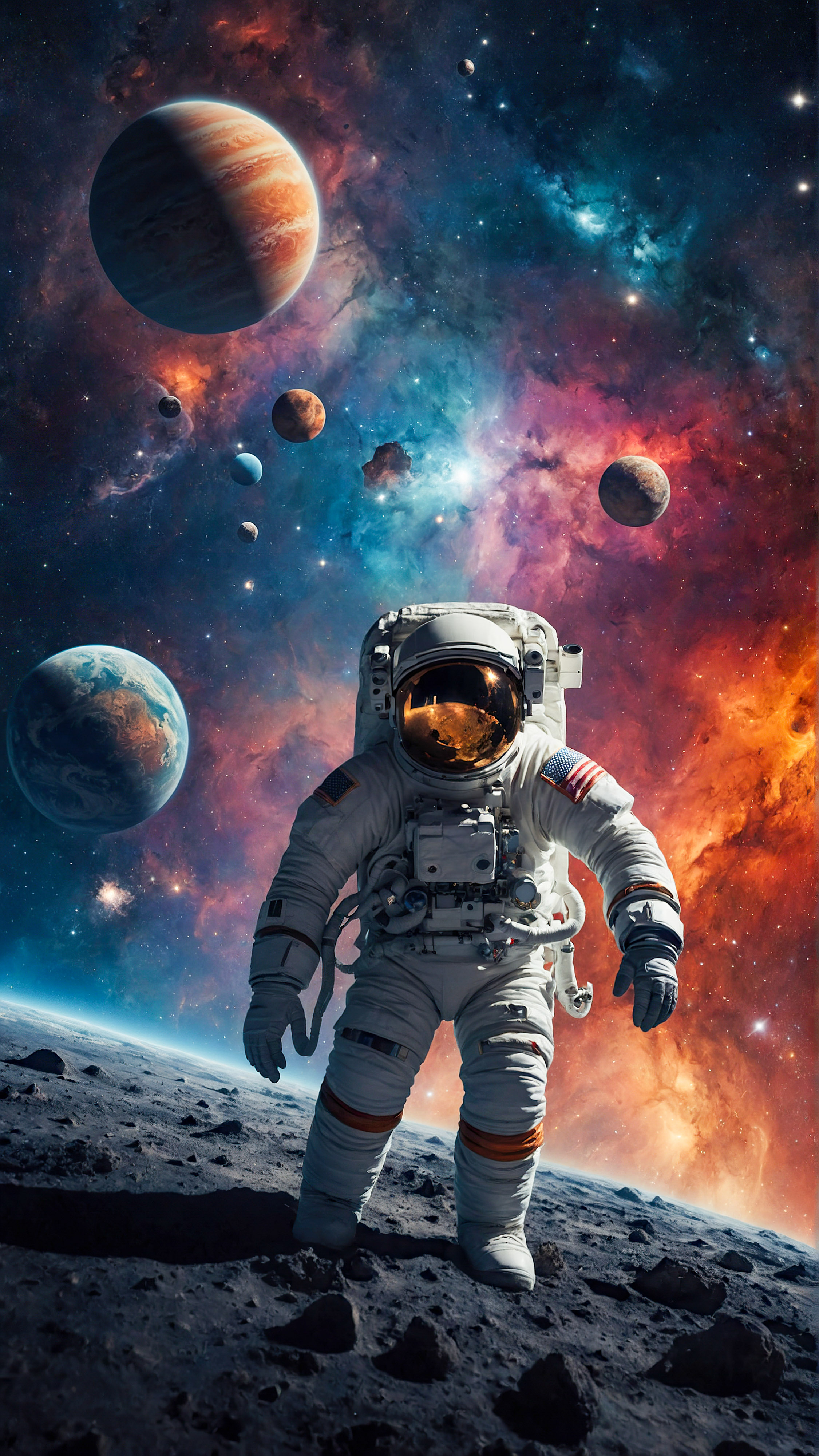 Get mesmerized with our iPhone space wallpaper featuring an astronaut surrounded by colorful celestial elements including various planets, stars, and a comet against a starry background, turning your screen into a cosmic journey.