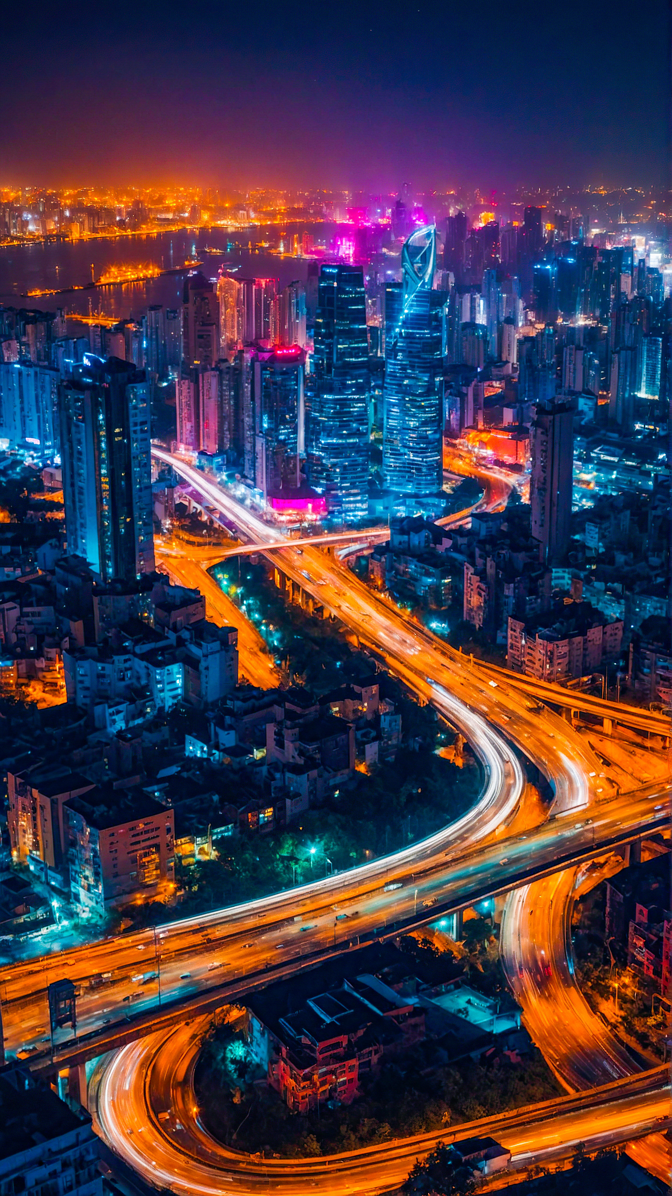 Experience the energy of a bustling cityscape with our HD iPhone wallpaper, a vibrant and colorful night view of illuminated buildings and winding highways, turning your device into a window to the urban world.