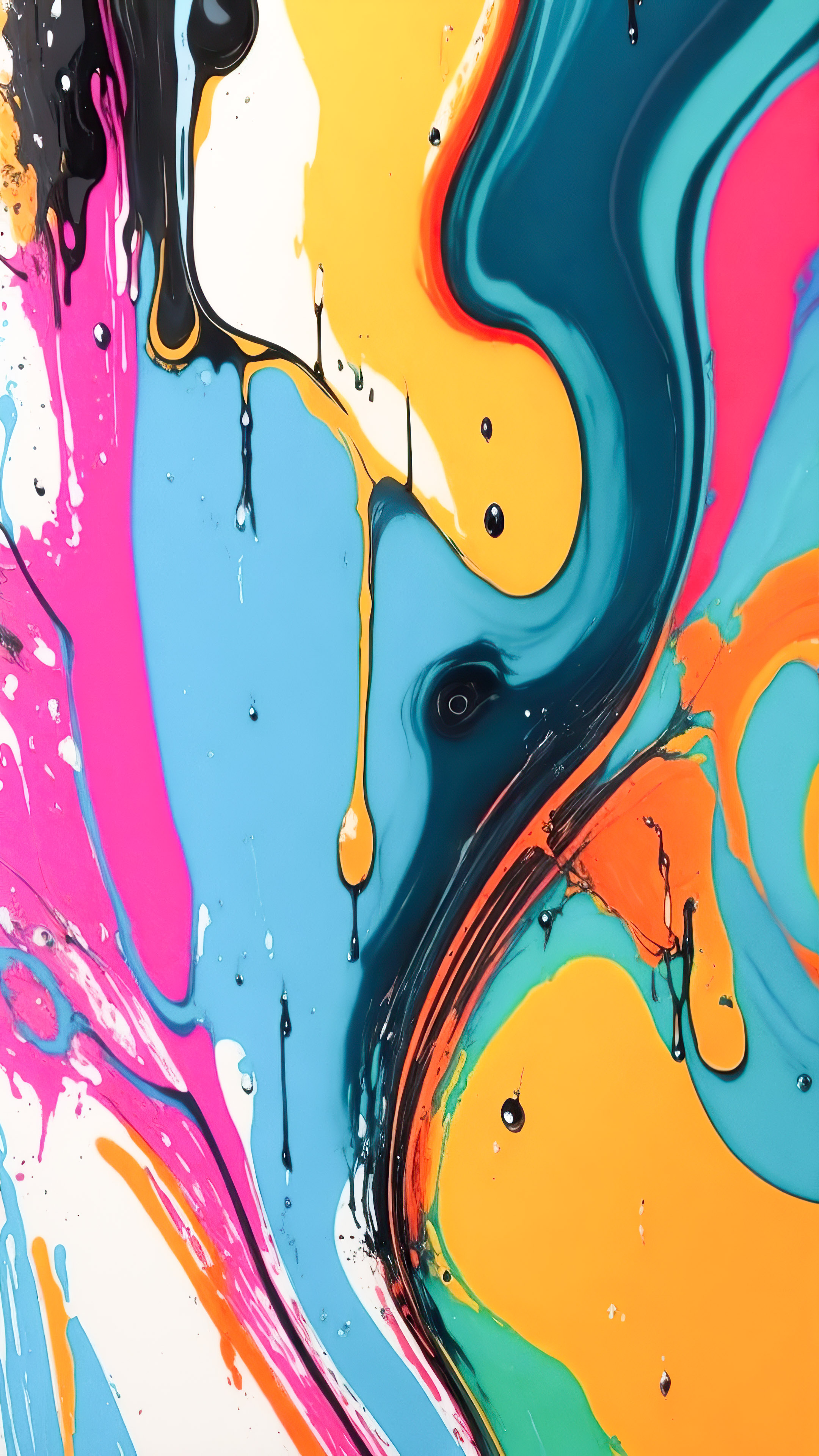 Immergez votre iPhone dans une explosion de couleur avec notre fond d'écran abstrait coloré, présentant des gouttes de peinture rythmiques et chaotiques sur une toile.