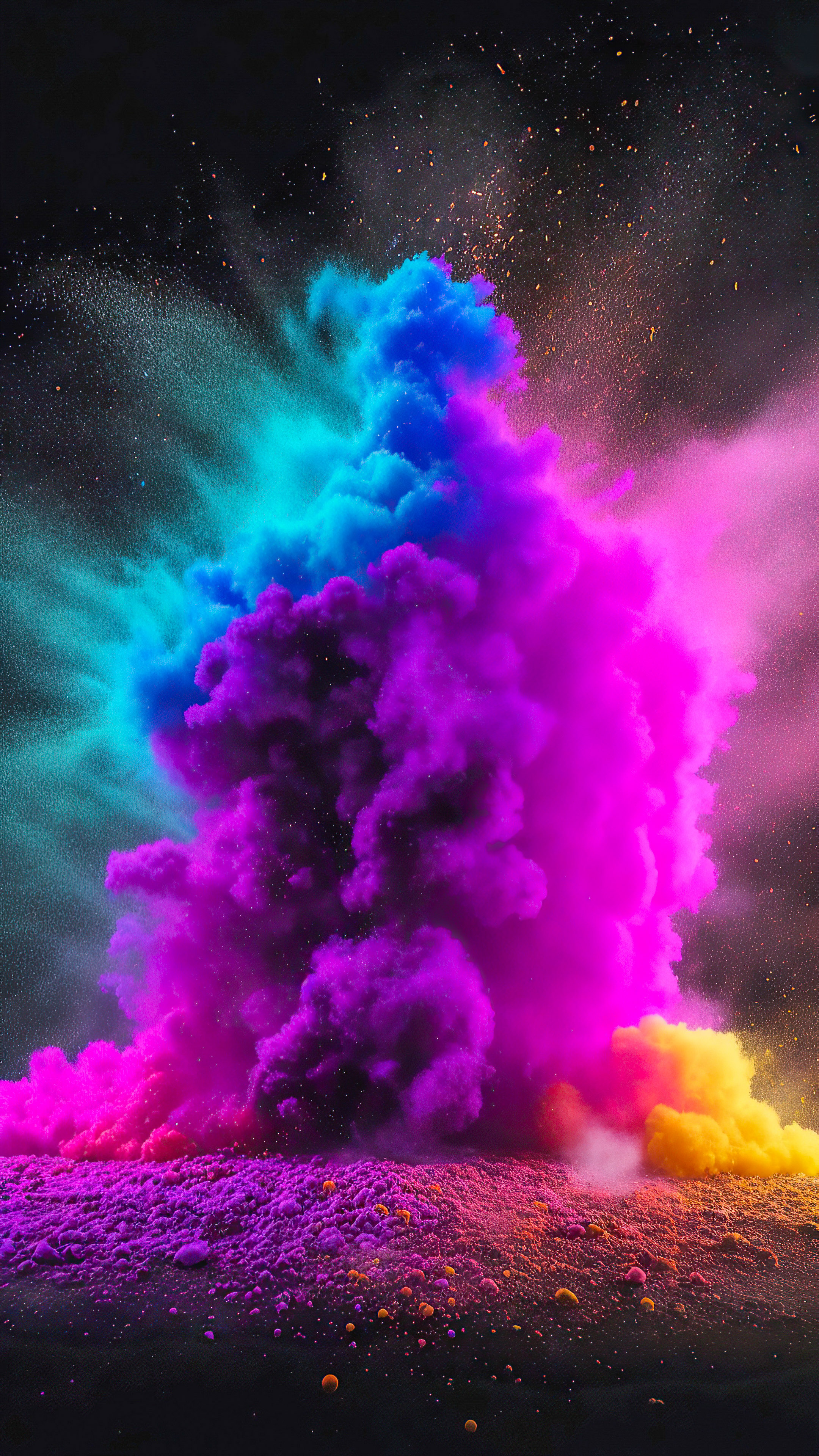 Immerse your phone in the captivating allure of a dark abstract wallpaper, featuring a splash of colorful dust powder particles.