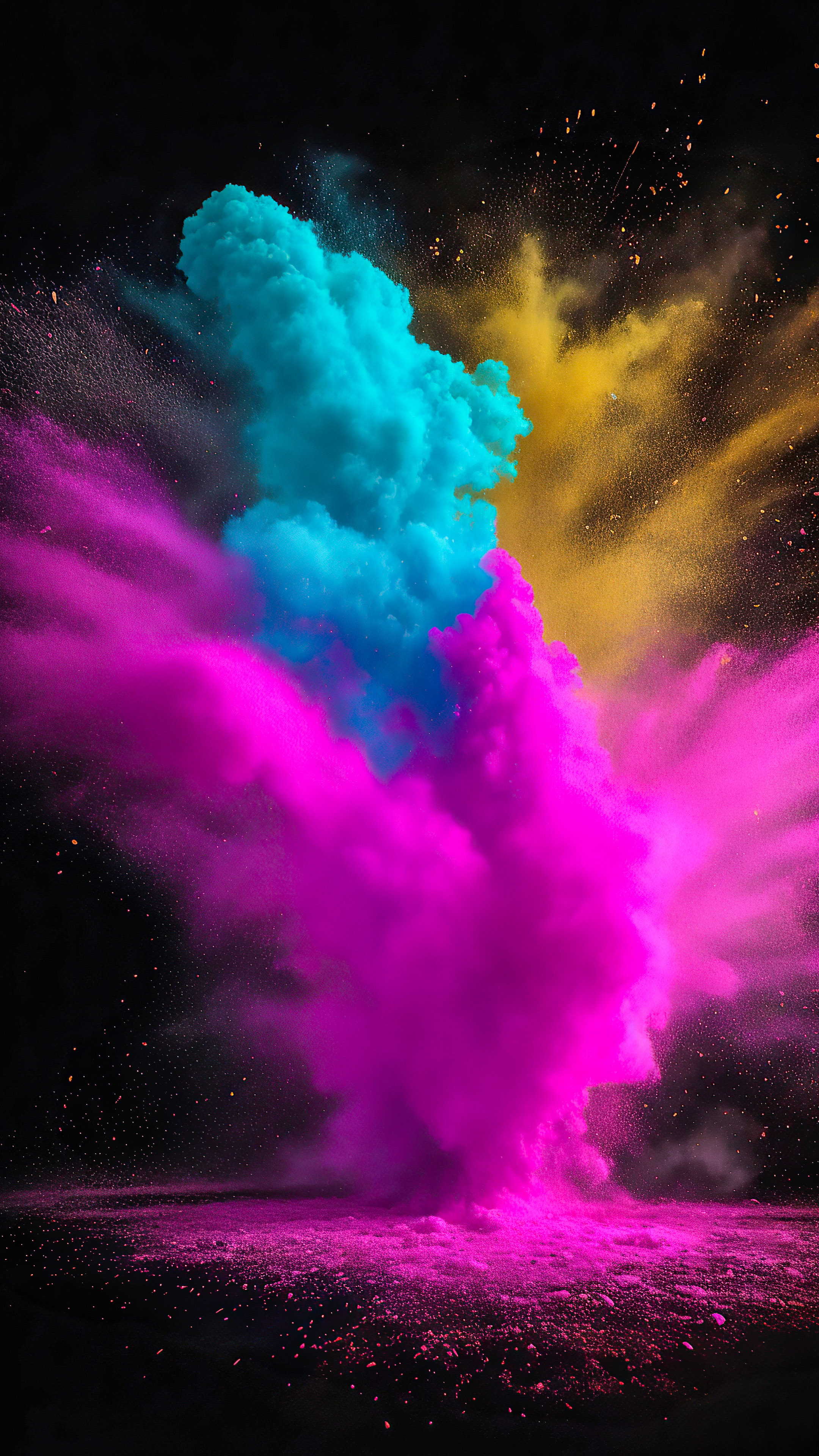 Experience a dark abstract wallpaper for phone, capturing the essence of dust powder particles in a splash explosion against a black background, creating a dramatic and captivating visual effect.