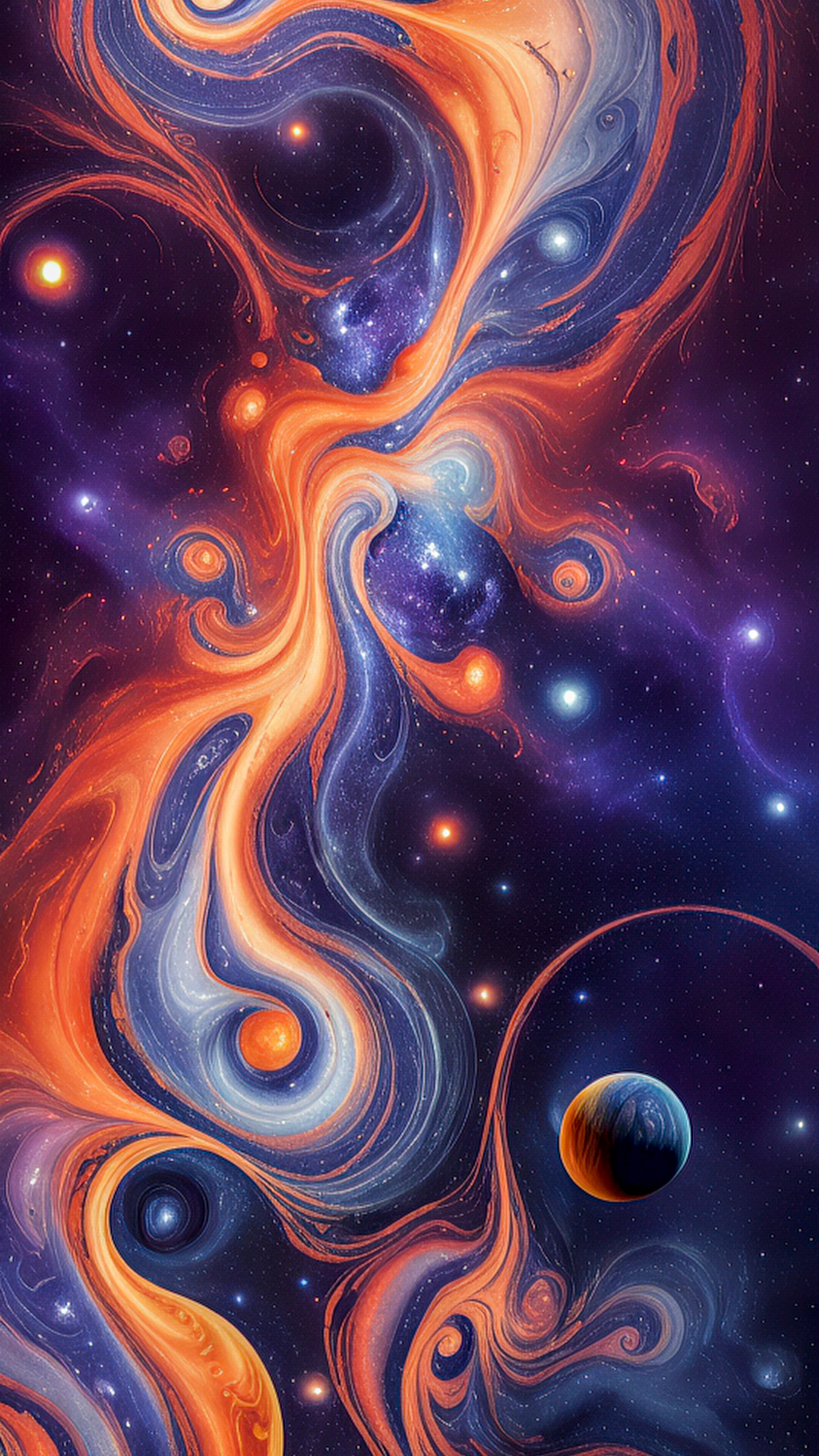 Transport your phone to the cosmos with our abstract wallpaper, featuring cosmic swirls, nebulae-like patterns, and deep space colors.