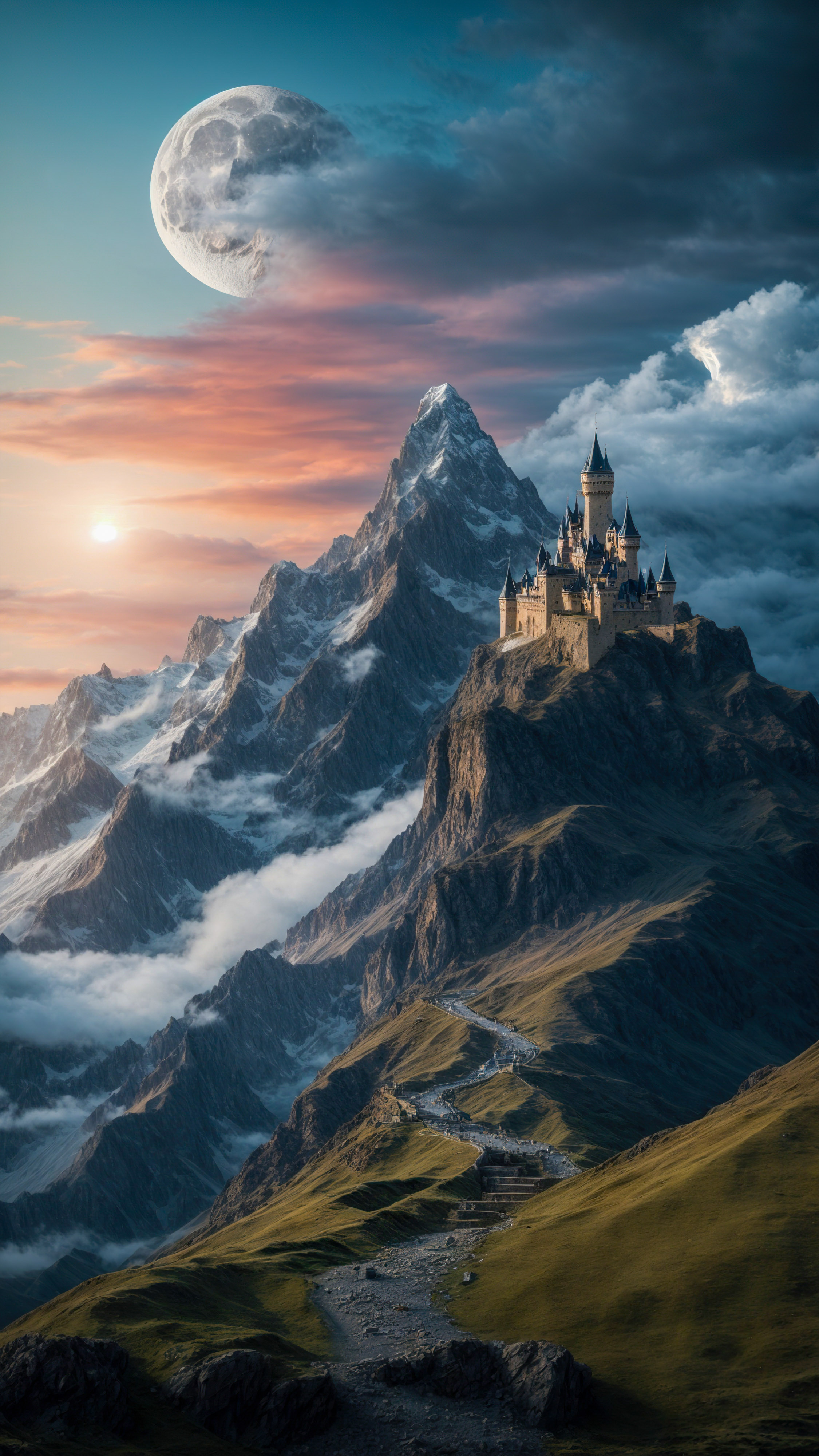 Laissez-vous hypnotiser par des fonds d'écran cool mettant en scène une montagne fantastique avec un château et un dragon, sous un ciel magique et une lune.