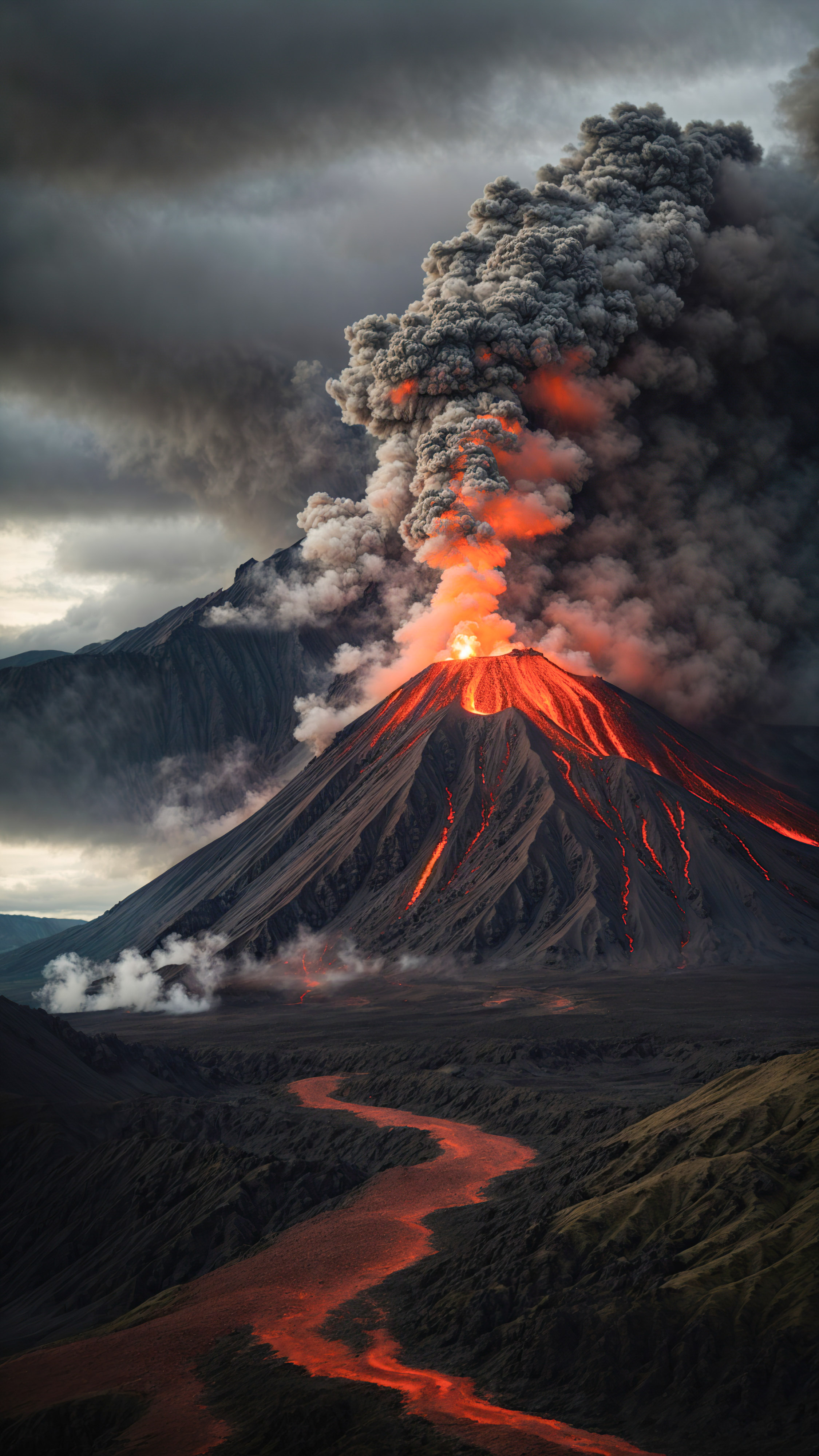Vivez la puissance de la nature avec un arrière-plan de montagne sombre représentant une montagne volcanique avec un cratère fumant et une coulée de lave, sous un ciel sombre et nuageux.
