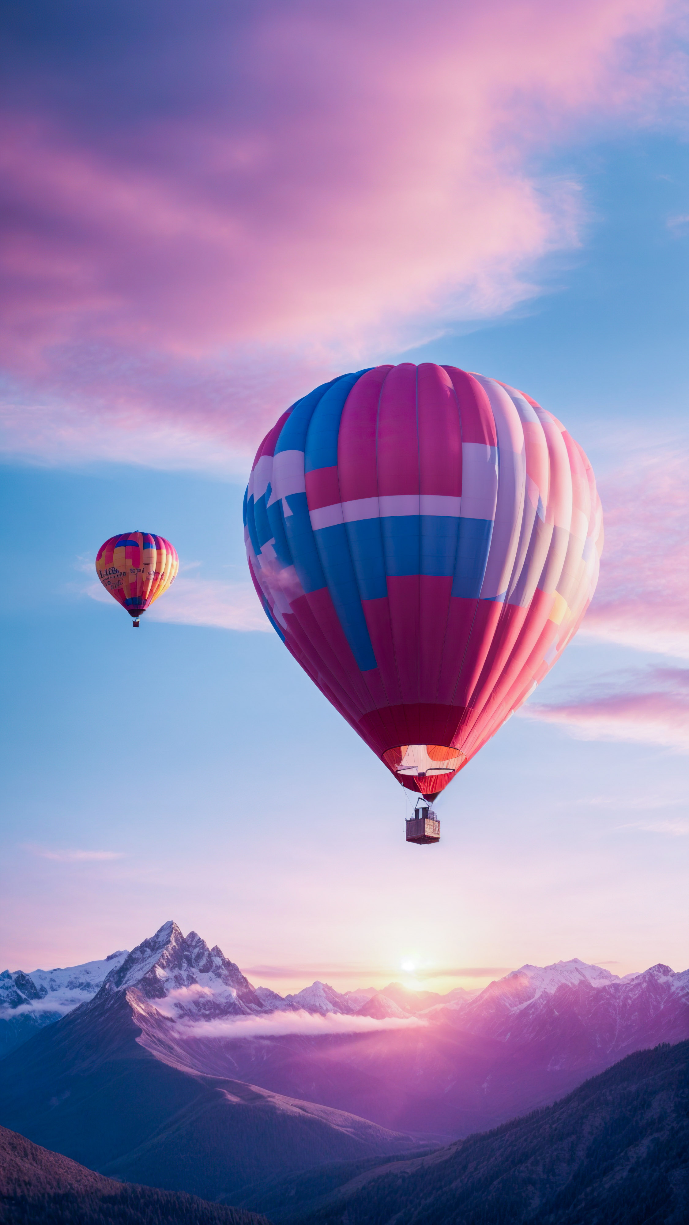 Perdez-vous dans la magie d'un lever de soleil sur les montagnes, avec des teintes roses et bleues et une montgolfière volant dans le ciel, en choisissant ce fond d'écran pour iPhone.