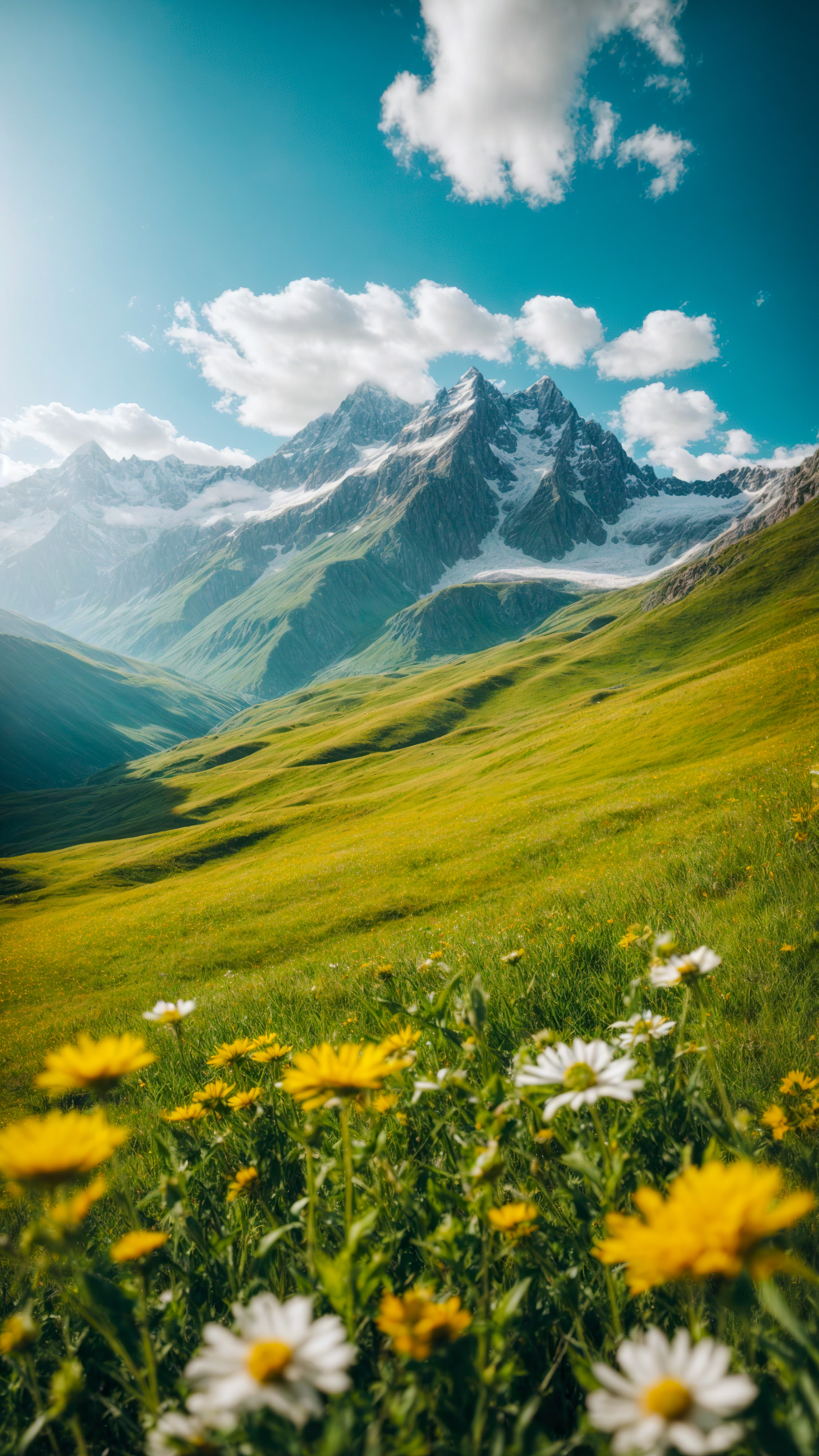 Bring the beauty of a sunny day in the mountains, with green meadows and wildflowers and a snow-capped peak, to your screen with this landscape wallpaper.
