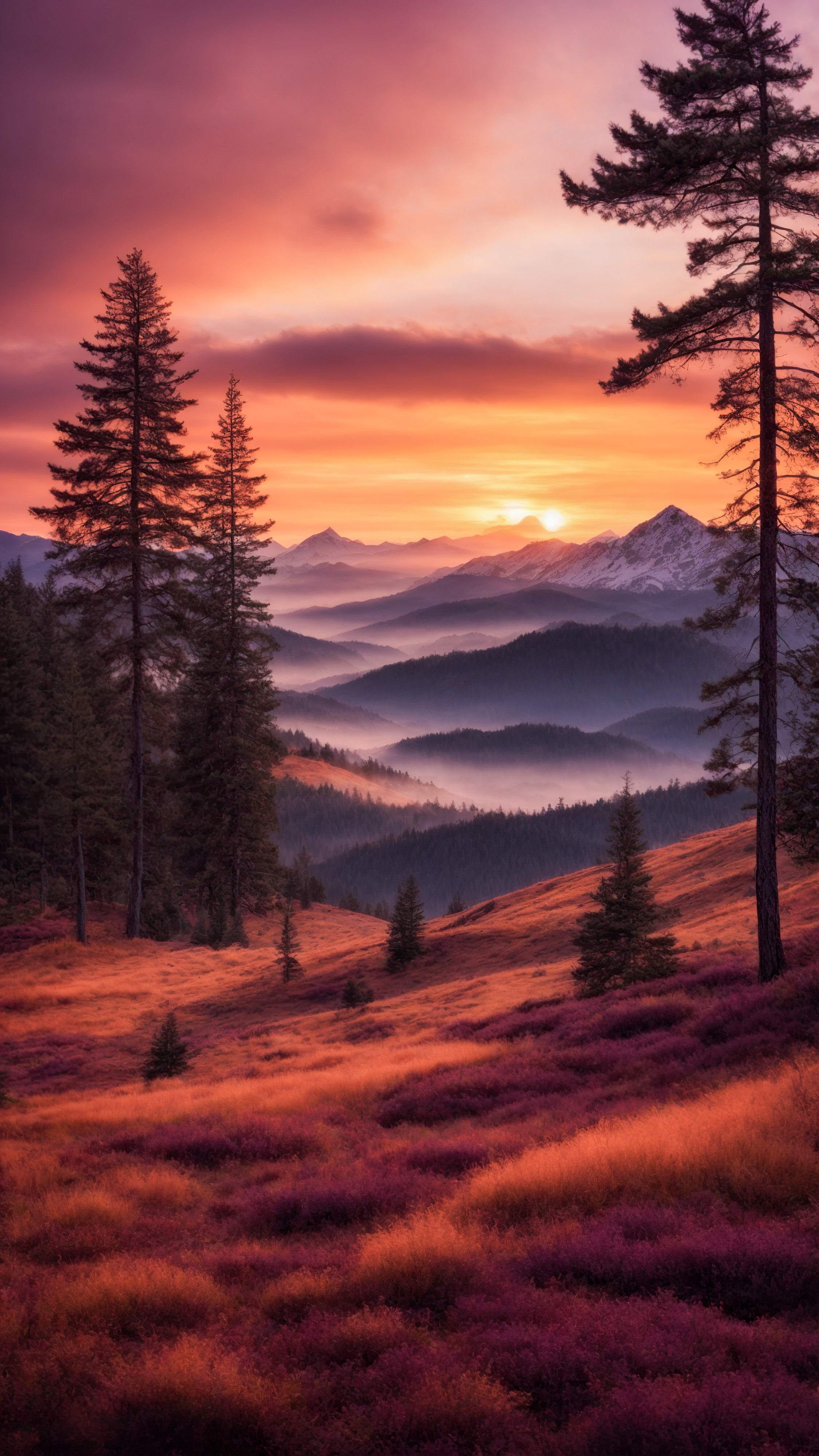 Admirez l'élégance d'un coucher de soleil sur les montagnes, avec des nuages orange et violet et une forêt de pins en silhouette, en téléchargeant ce fond d'écran pour iPhone.