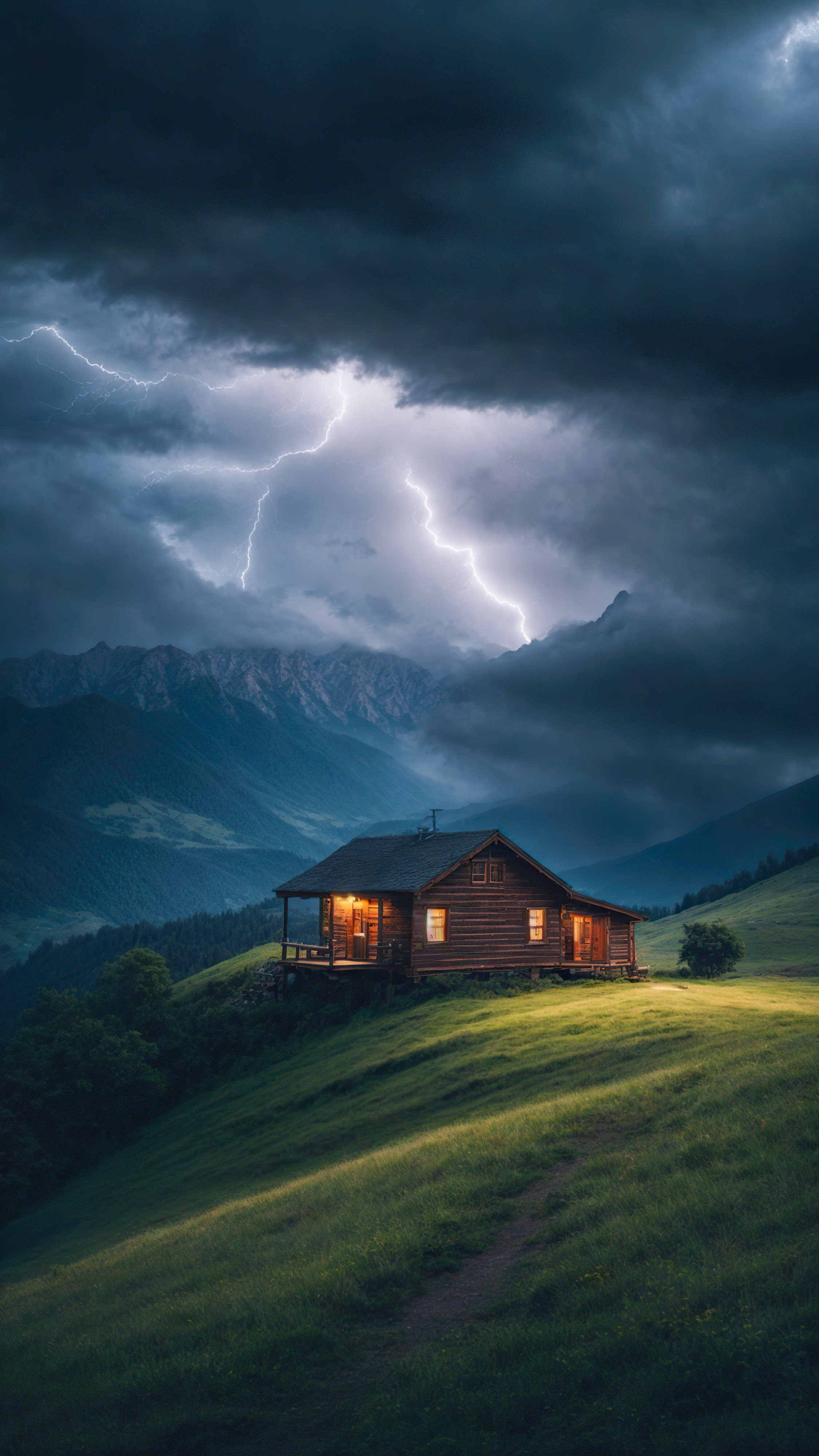 Experience the drama of a dark and stormy sky over the mountains, with lightning and thunder and a lone cabin, with this mountain scene background.