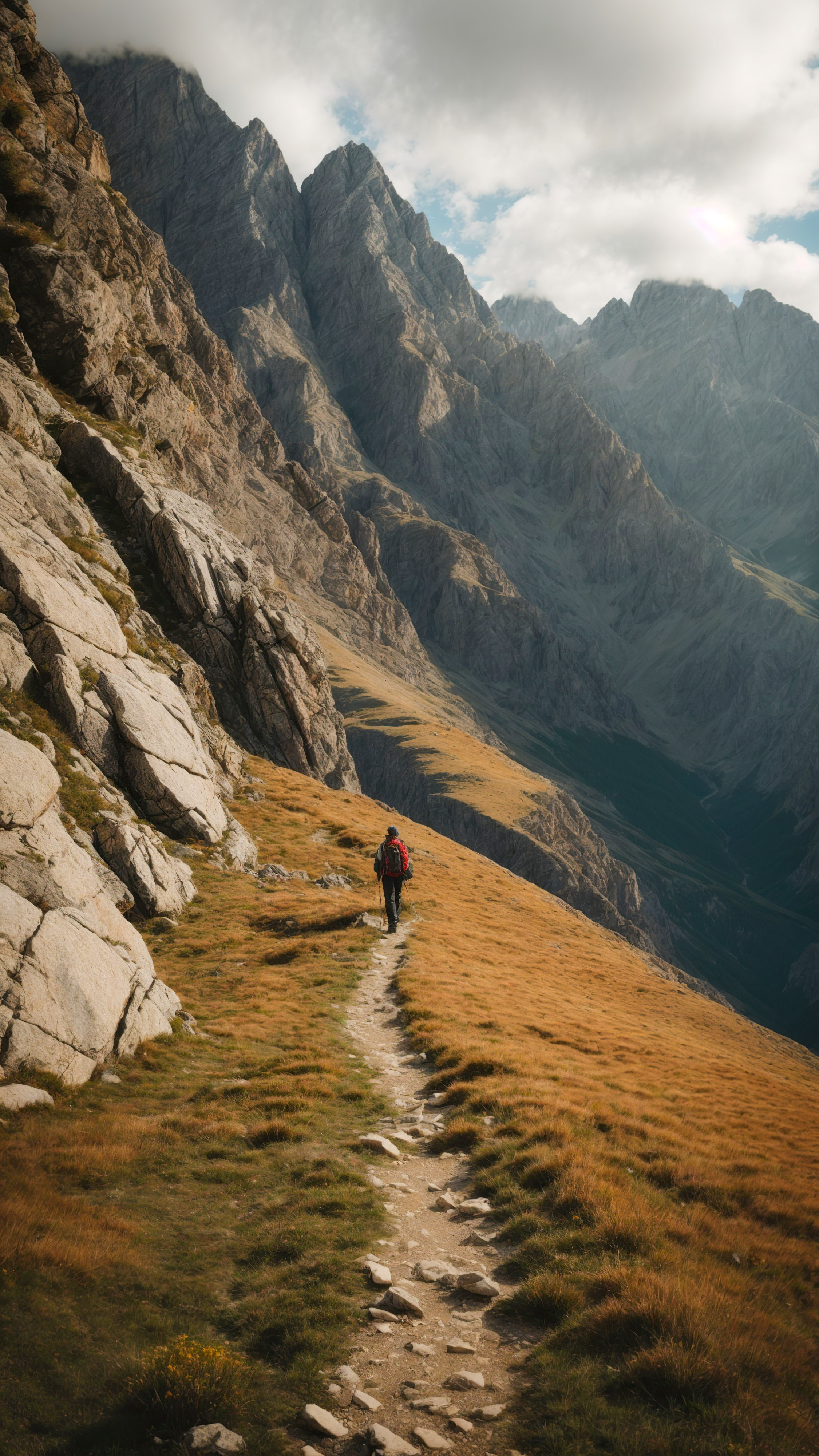 Téléchargez l'arrière-plan de paysage qui présente une montagne rocheuse avec une falaise abrupte et un chemin étroit, avec un randonneur et un sac à dos, et élevez votre écran.