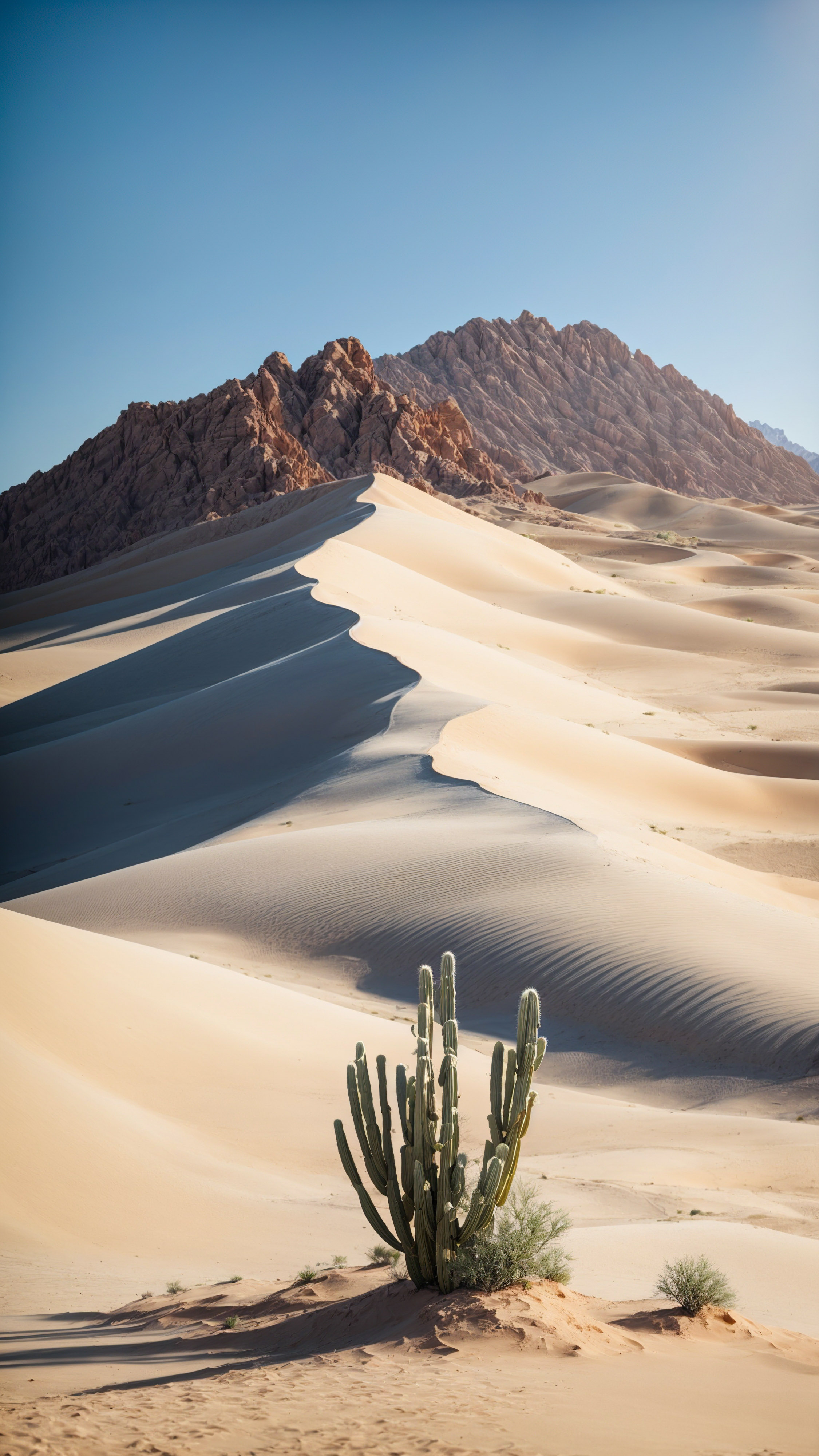 Discover the charm of a desert mountain with a sand dune and a cactus, under a clear blue sky and a sun, with this mountain view wallpaper.