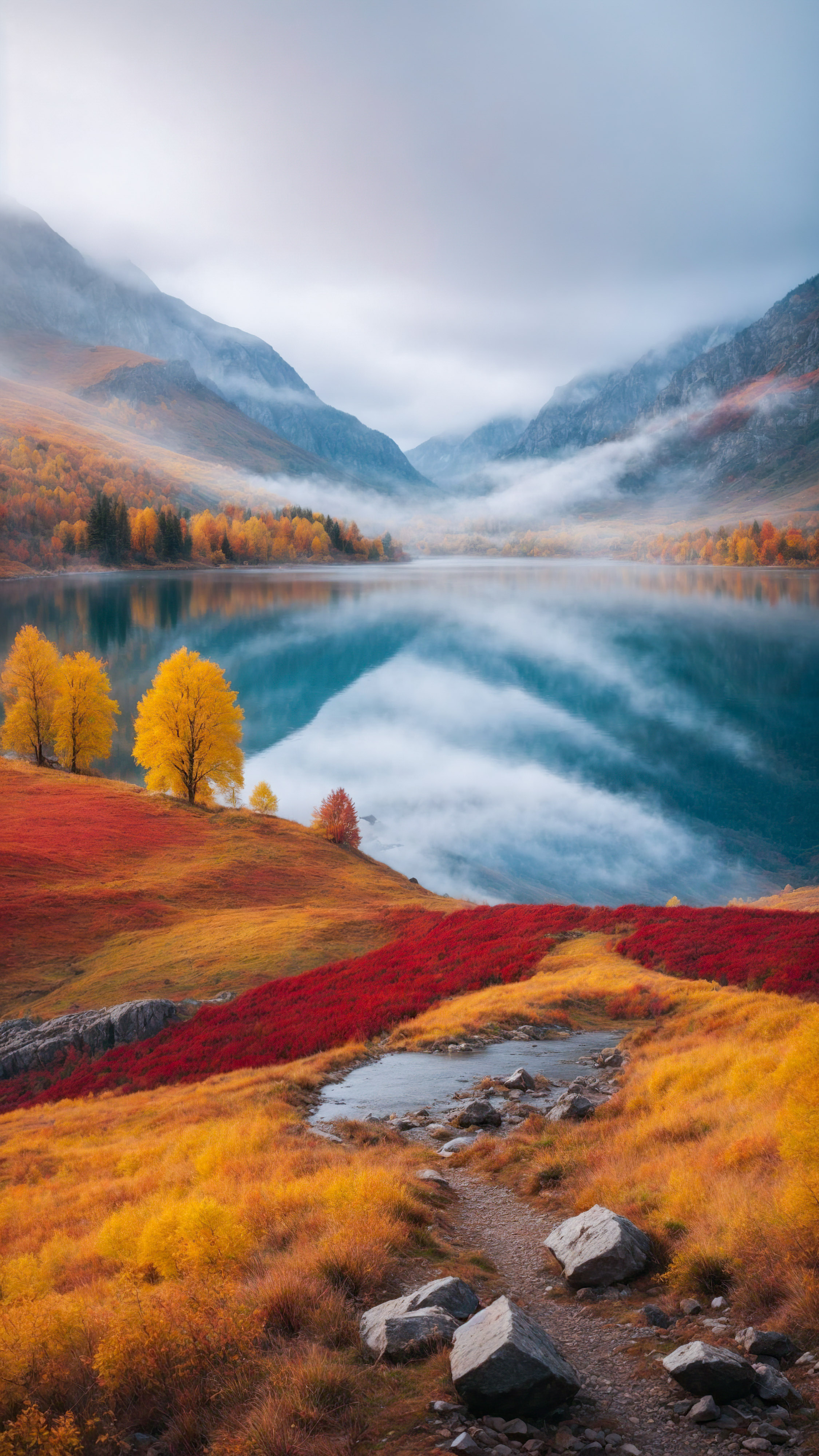 Transformez l'apparence de votre appareil avec un fond d'écran pour iPhone présentant un paysage automnal coloré de montagnes, avec des arbres jaunes et rouges et un lac brumeux.