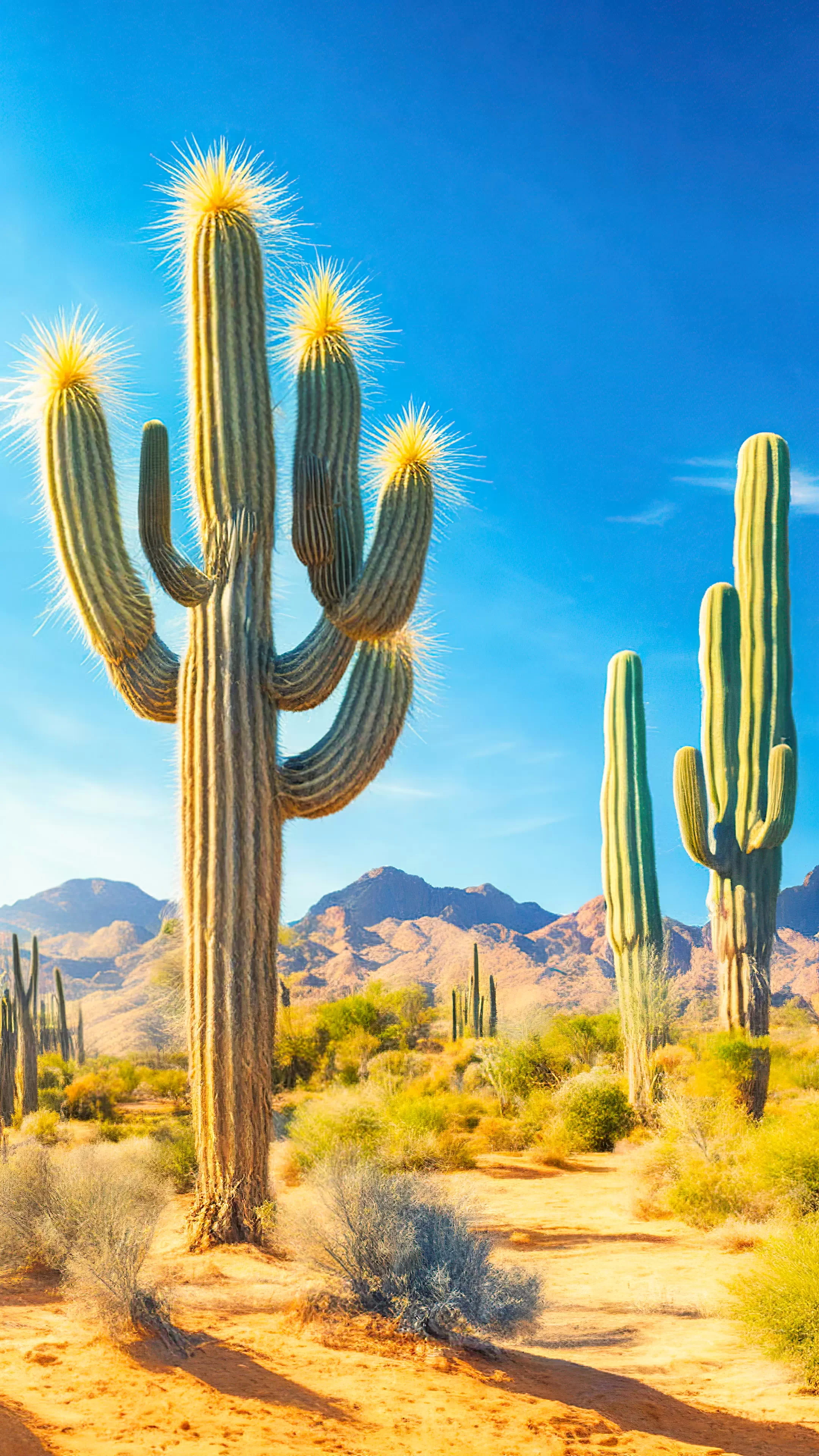 Découvrez l'immensité d'un paysage désertique parsemé de cactus saguaro sous des cieux bleus avec notre fond d'écran de nature en 1080p, et laissez votre appareil devenir un portail vers la beauté robuste de la nature sauvage.