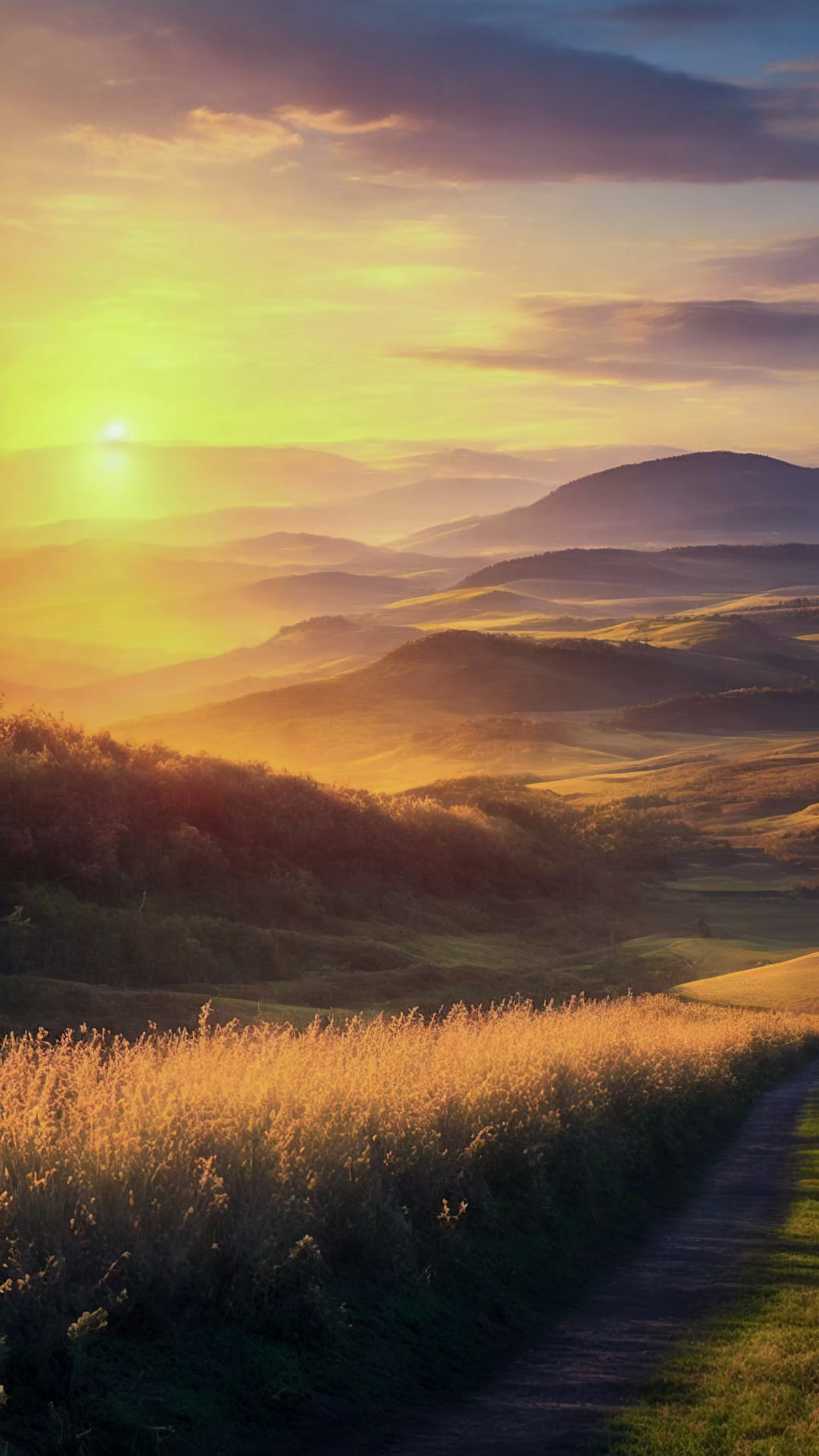 Transformez l'écran de votre appareil avec notre fond d'écran en HD des paysages pour mobile, capturant un lever de soleil sur une campagne avec des collines ondulantes baignées d'une lueur dorée, et laissez votre appareil devenir un portail vers un matin serein à la campagne.