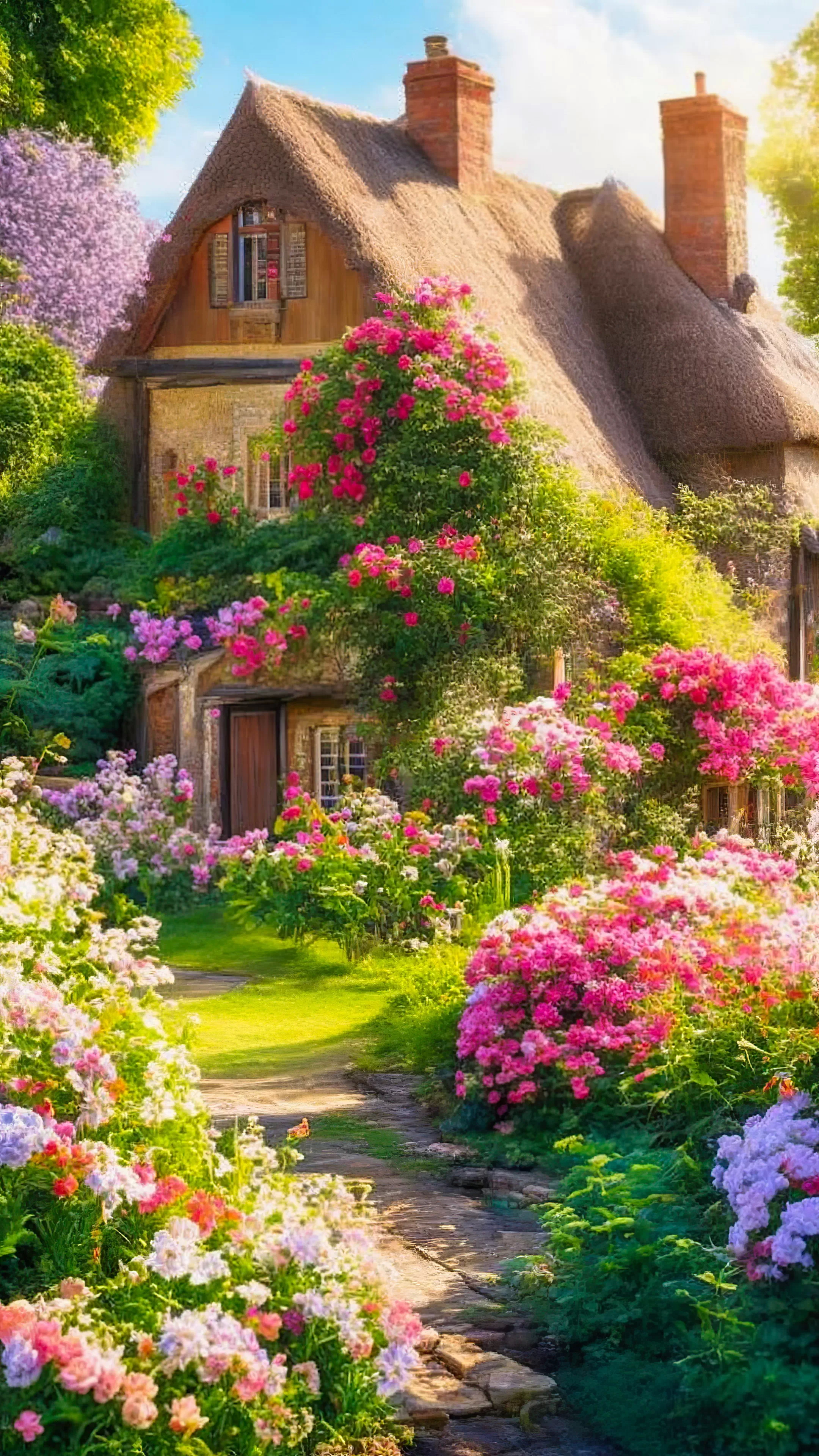 Experience the charm of our nature HD wallpaper for your phone, featuring a charming cottage with a vibrant flower garden on a sunny day, and let your device radiate with the warmth of a summer’s day.