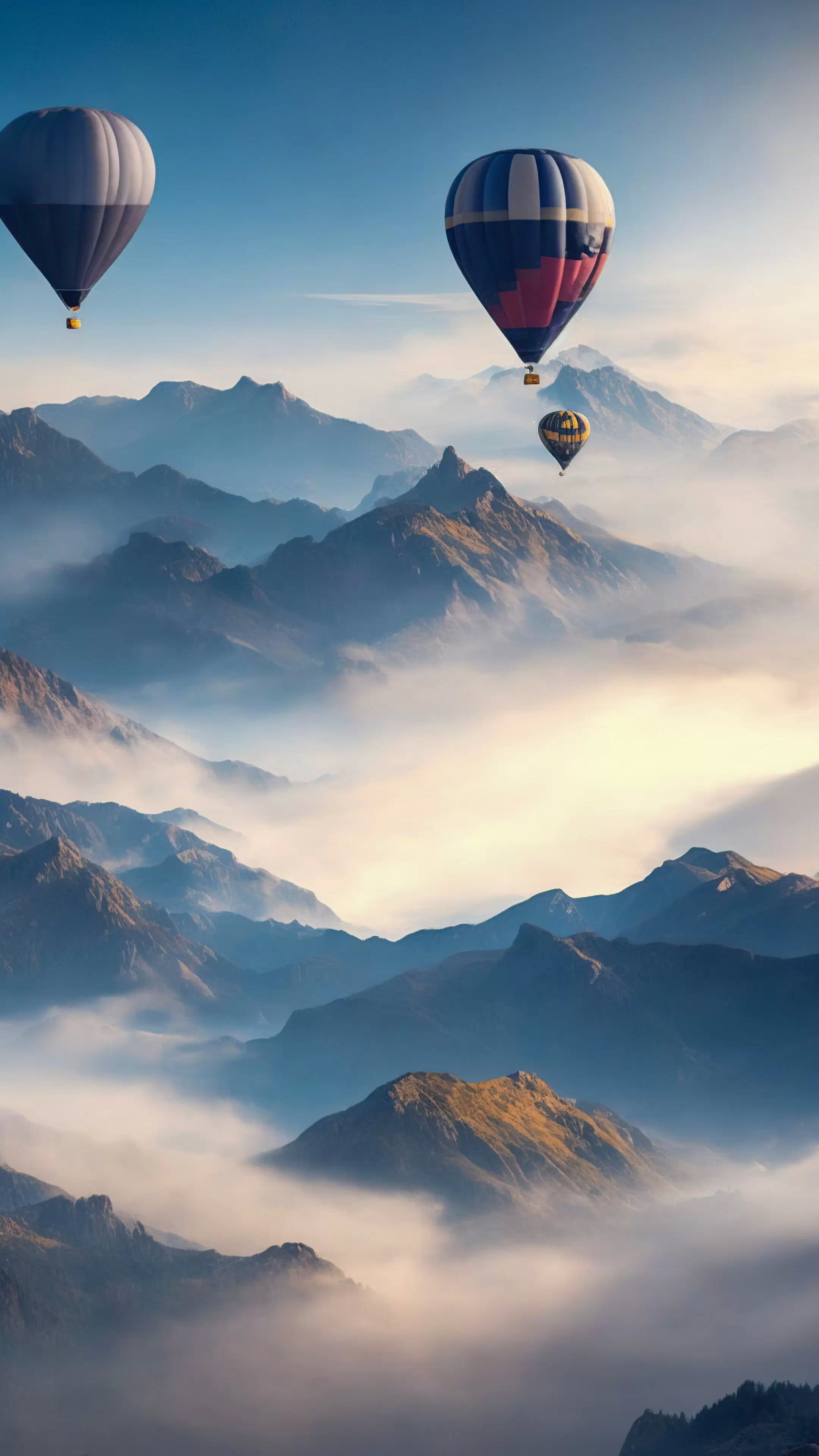 Bring the beauty of the skies to your phone with our HD nature wallpaper, capturing a surreal sky filled with air balloons over a mountainous landscape, and let your device become a window to a world of fantasy.