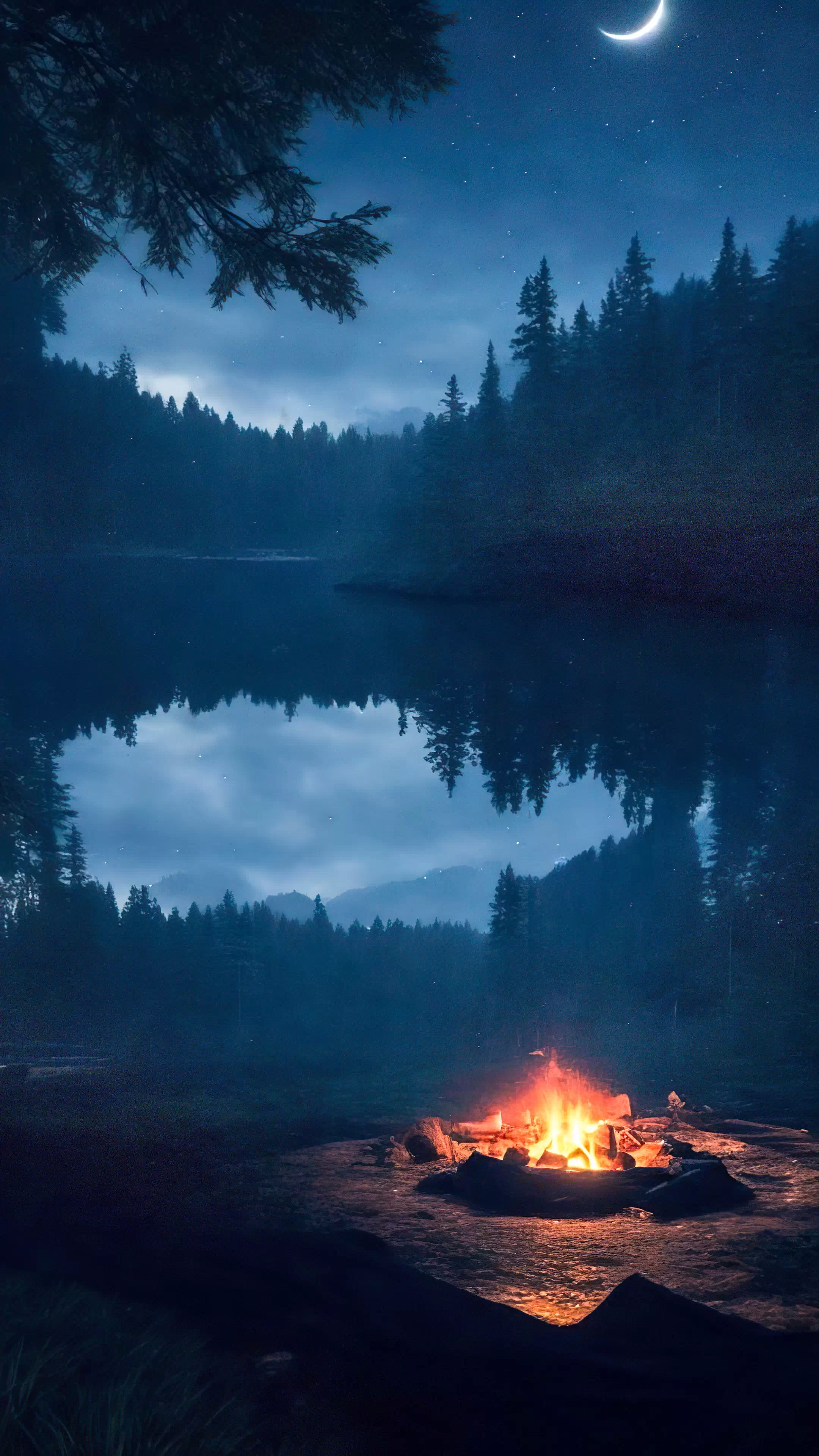 Plongez dans l'aventure avec notre fond d'écran nature HD, illustrant un campement avec un feu de camp chaleureux au cœur d'une nature sauvage sombre, et laissez votre écran vous transporter à une nuit sous les étoiles.