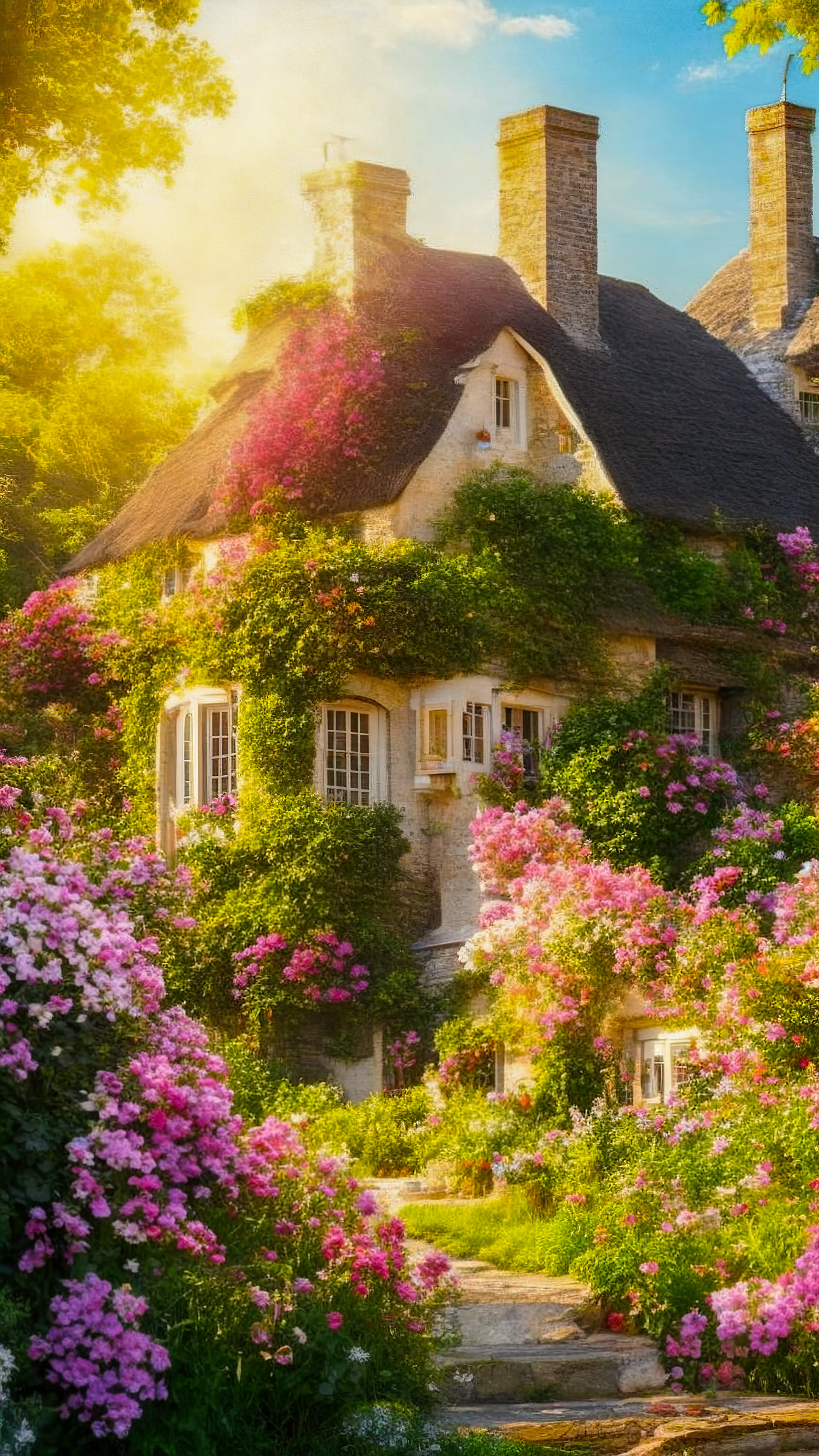 Experience the charm of a 4K nature wallpaper for your iPhone, featuring a quaint cottage nestled in a flower-filled garden, basking in the warmth of a sunny day.