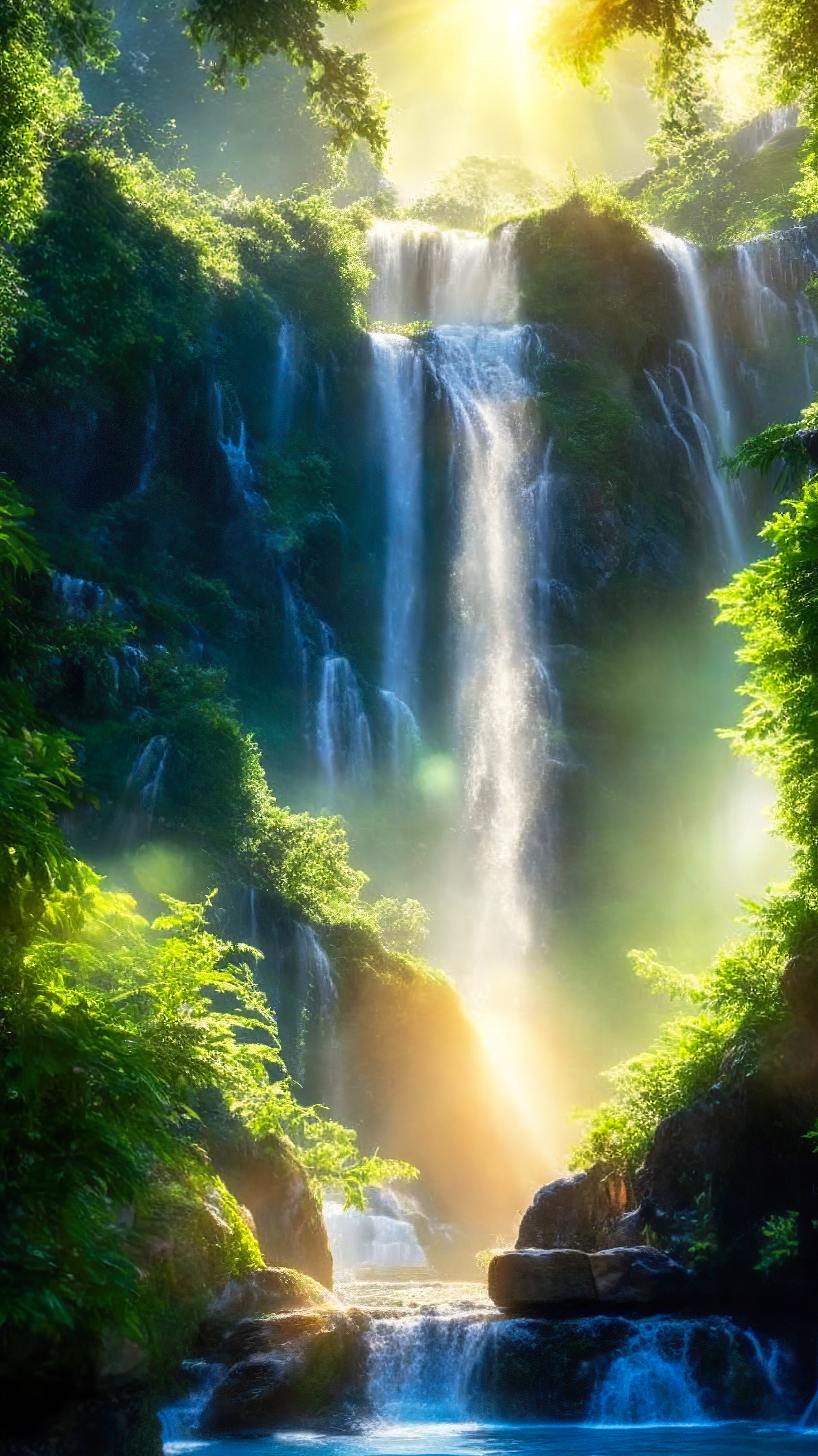 Discover the allure of our beautiful nature wallpaper in HD, featuring a majestic waterfall framed by lush greenery, with the sun casting a sparkling glow on the cascading water.